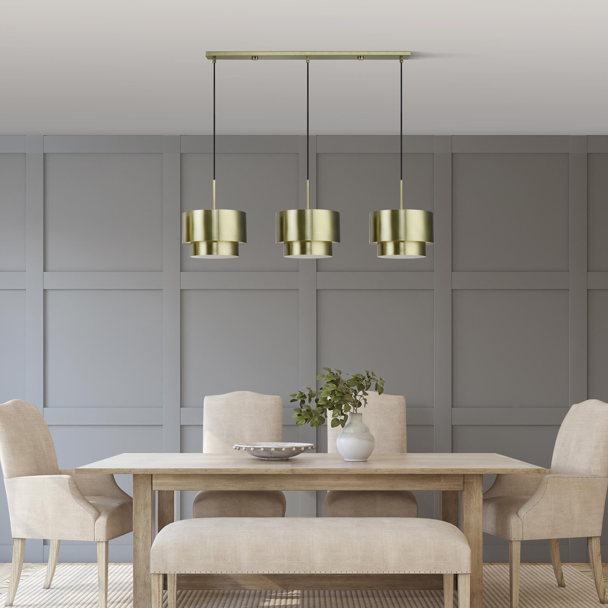 Shown in Antique Brass finish and Antique Brass Steel with Shiny White Inside shade