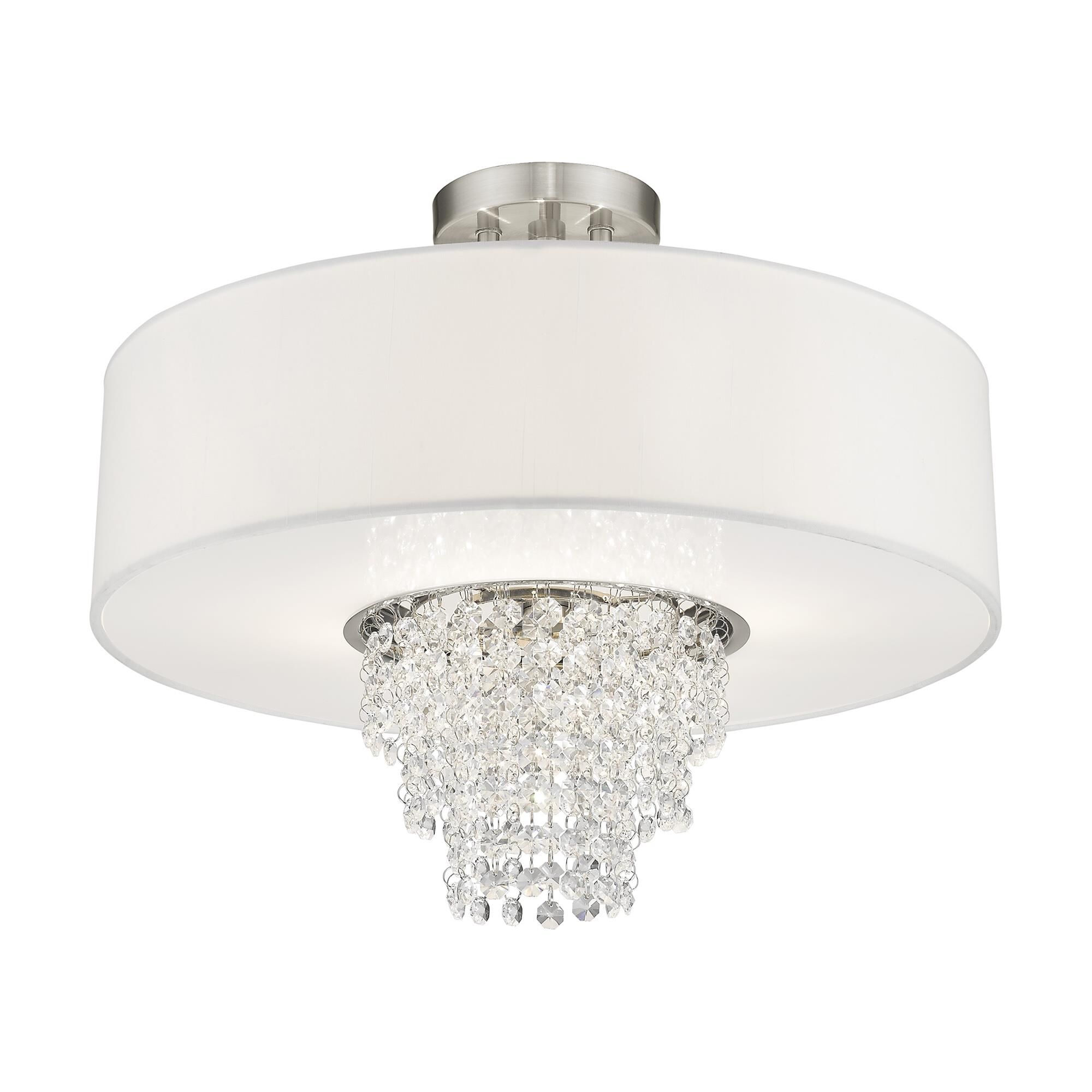 Shown in Brushed Nickel finish and Clear crystal and Off-White Sheer Organza shade