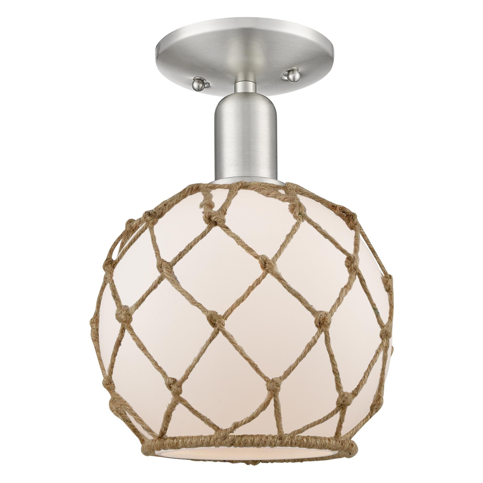 Shown in Brushed Satin Nickel finish and White with Brown Rope glass