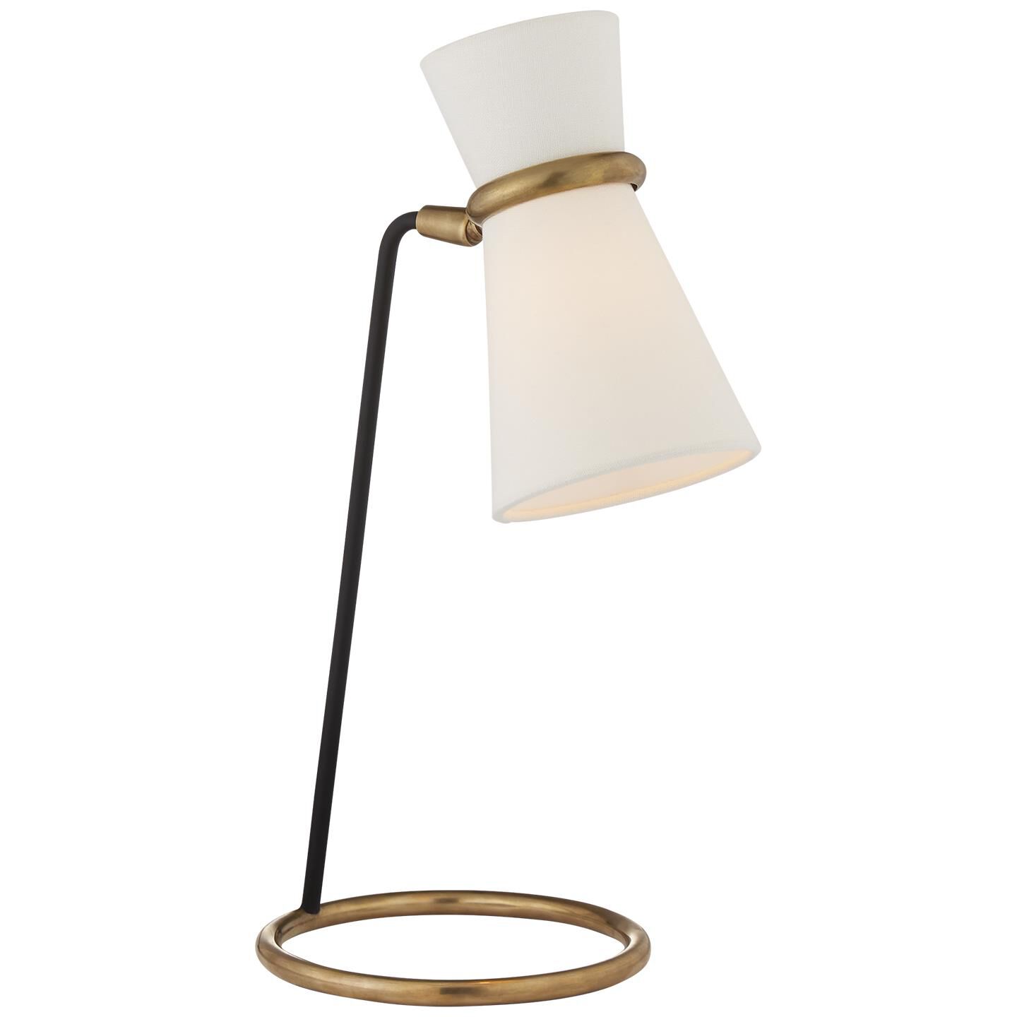 Shown in Black And Brass finish and Linen shade