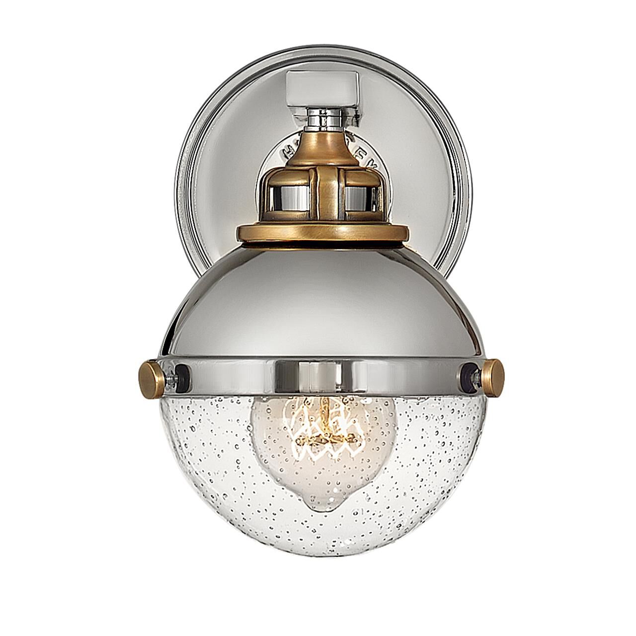 Shown in Polished Nickel finish and Clear Seedy glass and Heritage Brass accent