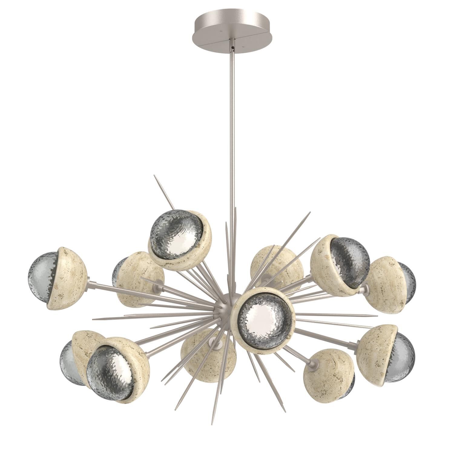 Shown in Beige Silver finish and Smoke glass and Travertine Stone accent