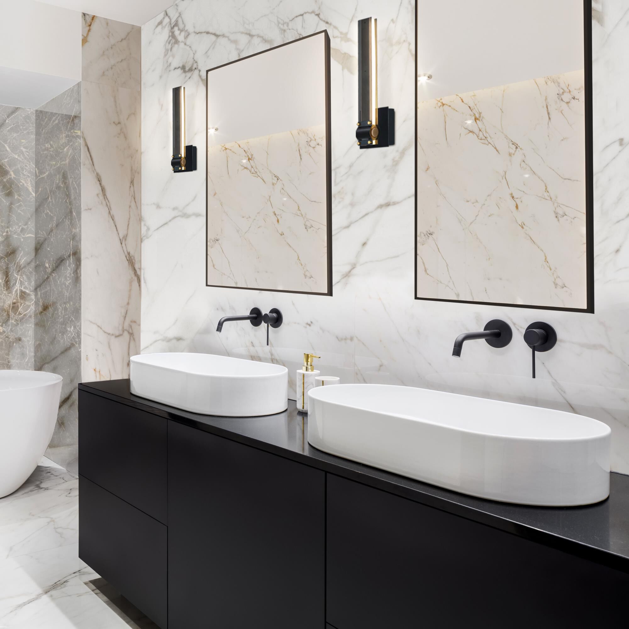 Shown in Matte Black/Gold Painting finish and White Acrylic glass and White Acrylic shade