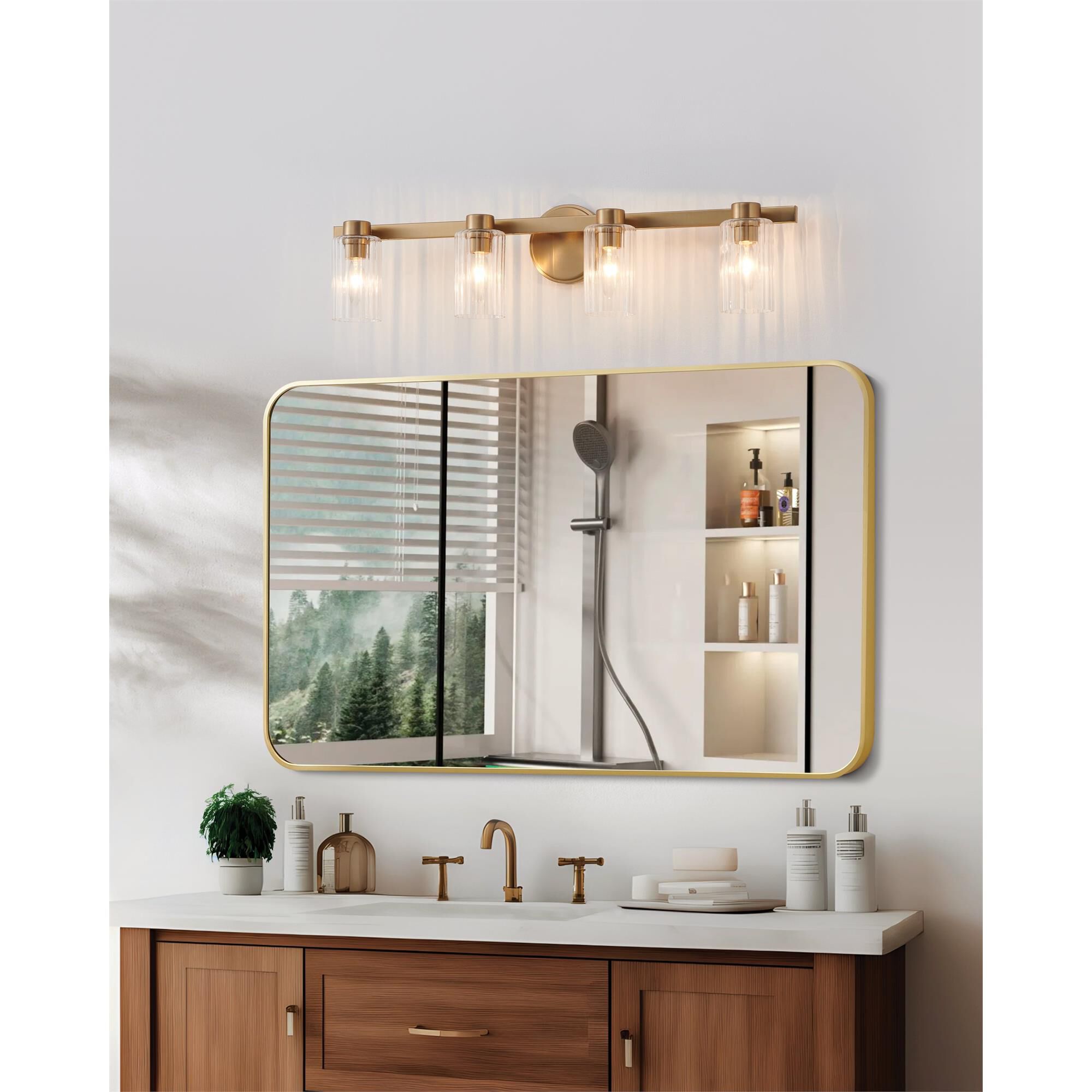 Shown in Champagne Gold finish and Clear Ribbed glass