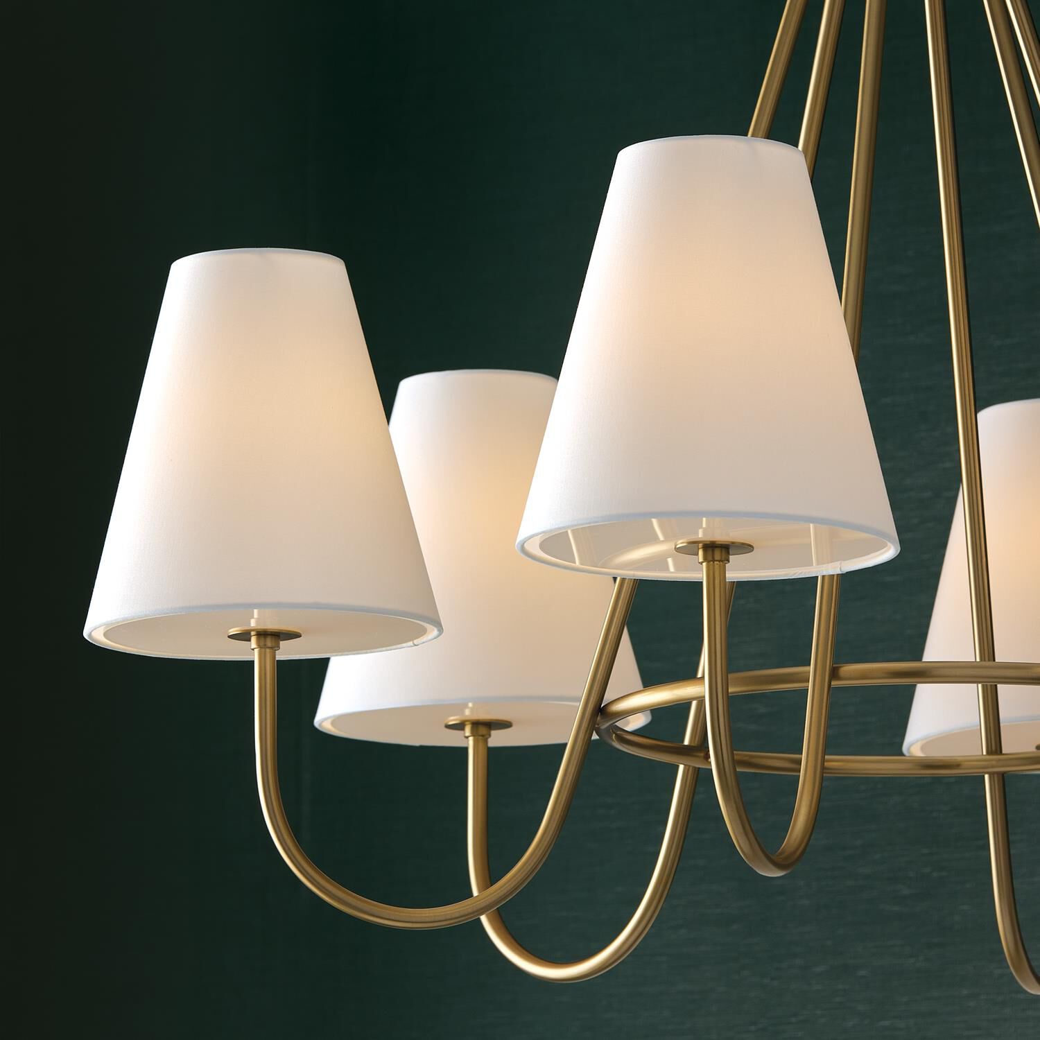Shown in Matte Brass finish and Soft White Fabric Stay-Straight shade
