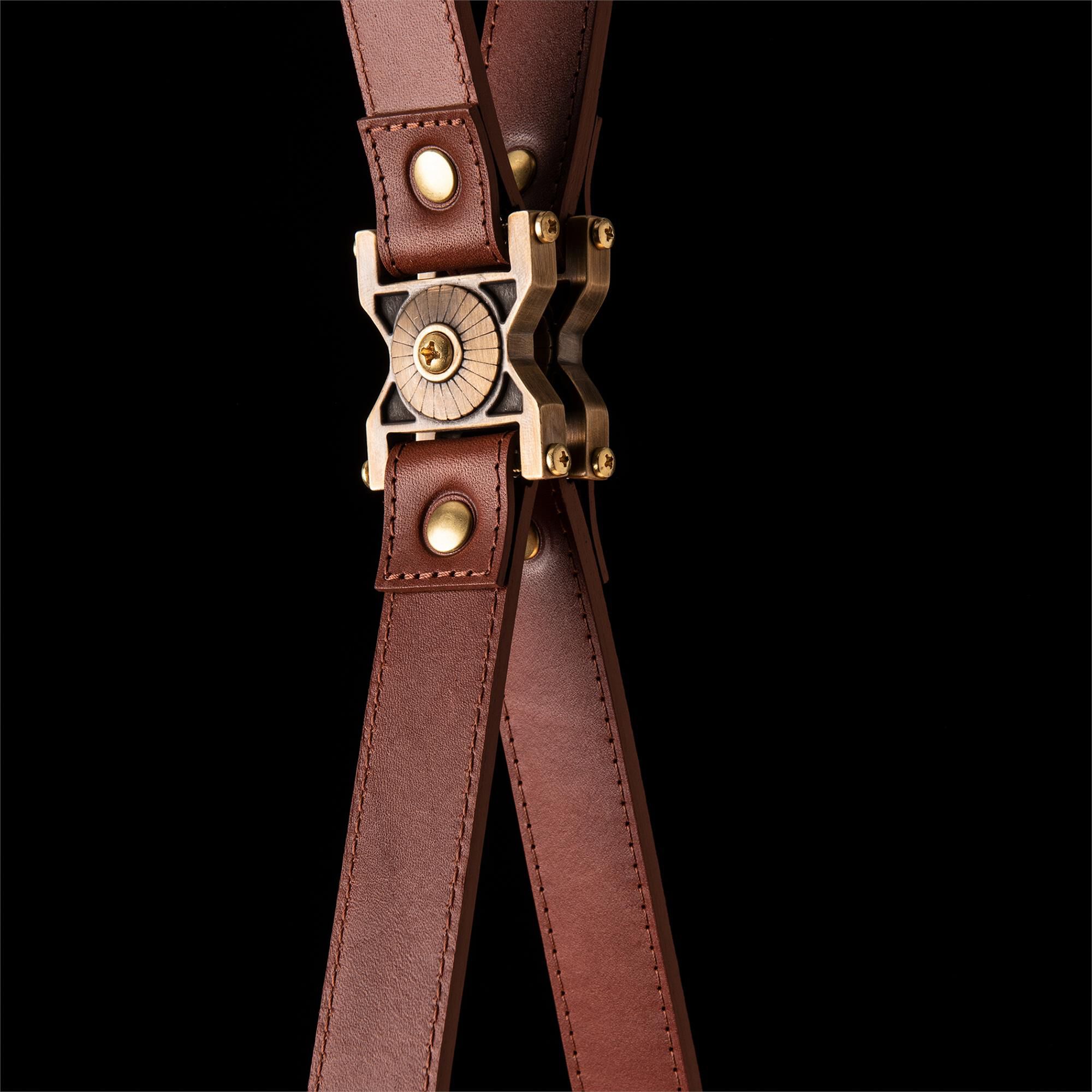 Shown in Brass with Black finish and Opal glass and Leather Chestnut accent