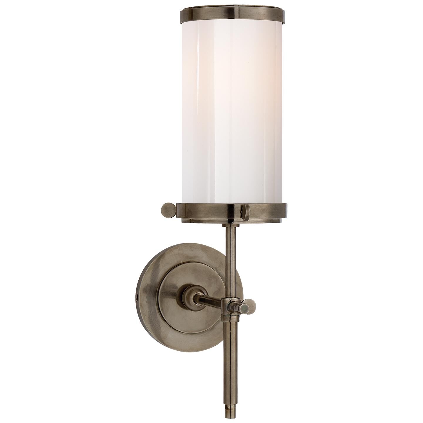 Shown in Antique Nickel finish and White glass and White Glass shade and Polished Nickel accent
