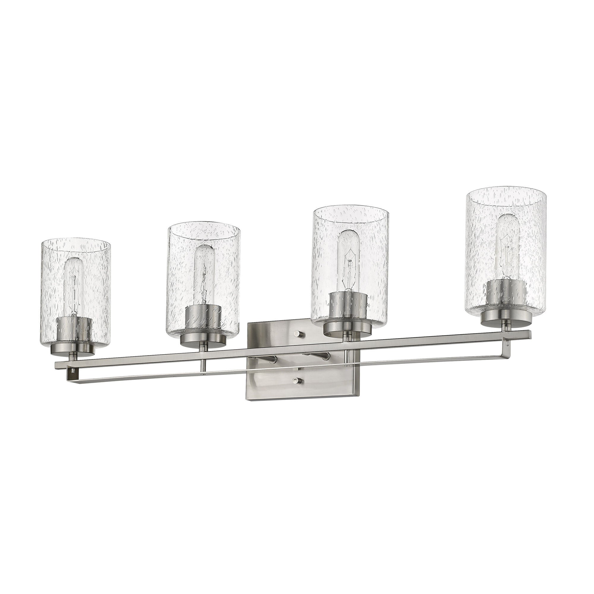 Shown in Satin Nickel finish and Clear glass and Clear, Seeded Cylindrical Glass s shade