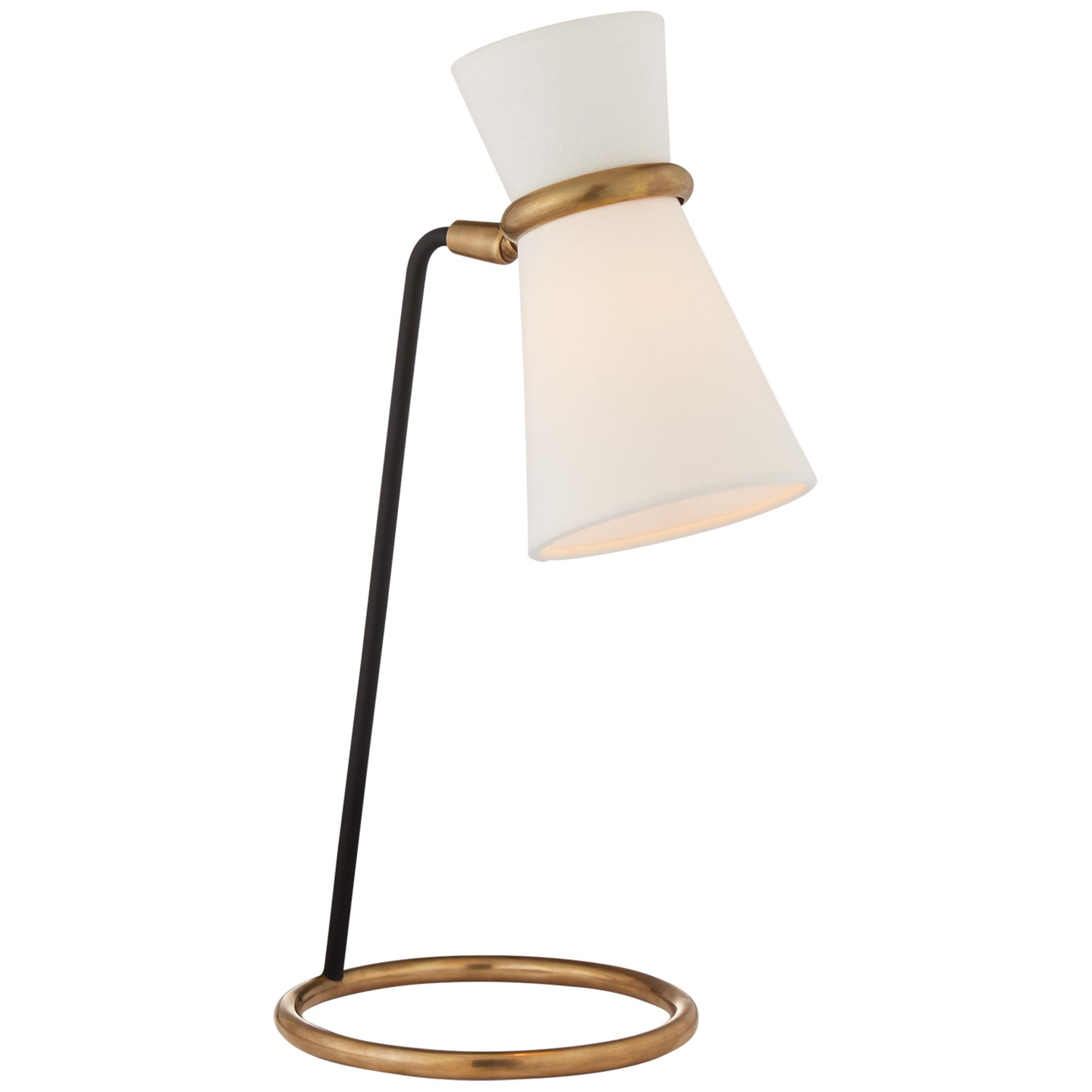Shown in Black And Brass finish and Linen shade