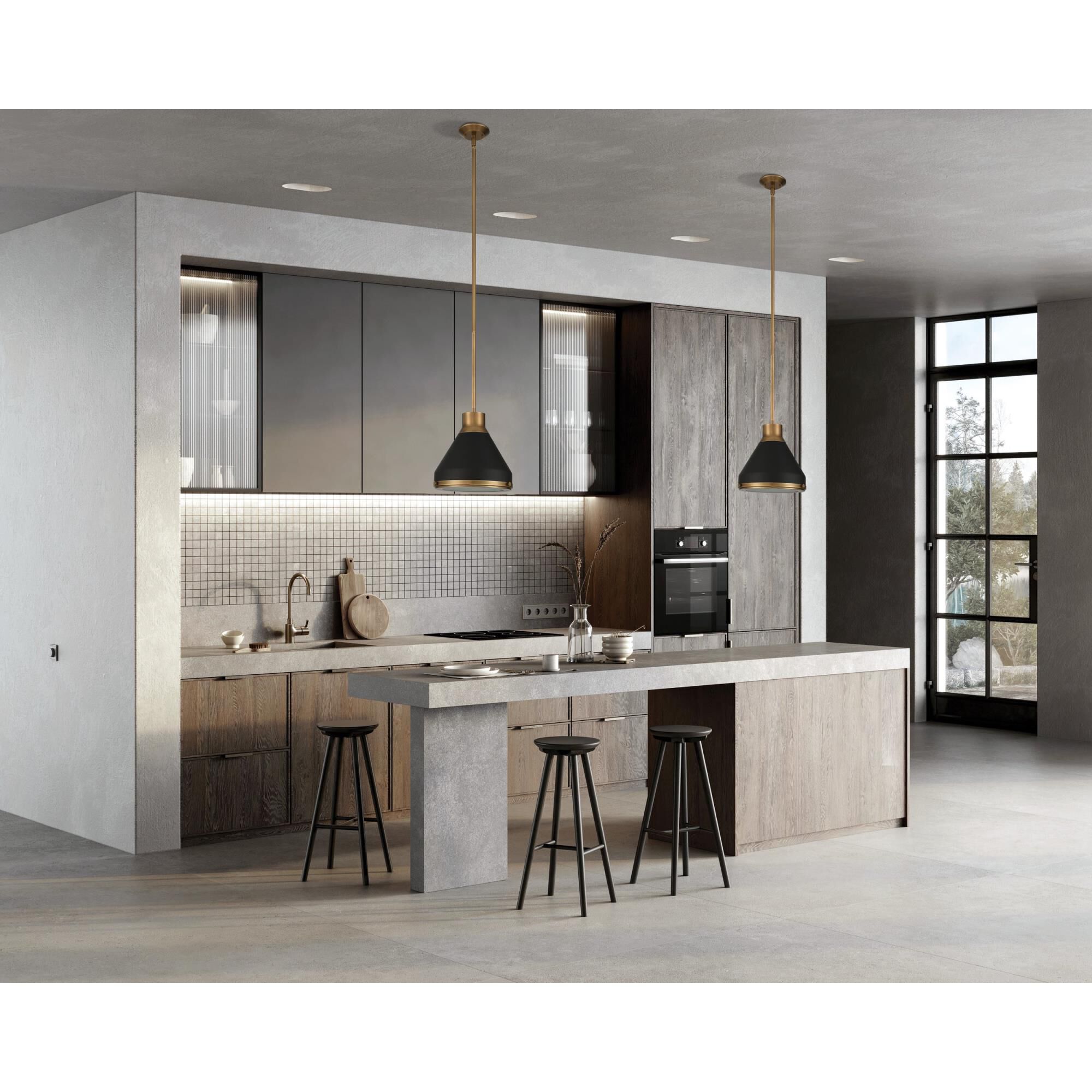 Shown in Natural Brass finish and Etched glass and Natural Brass, Matte Black shade