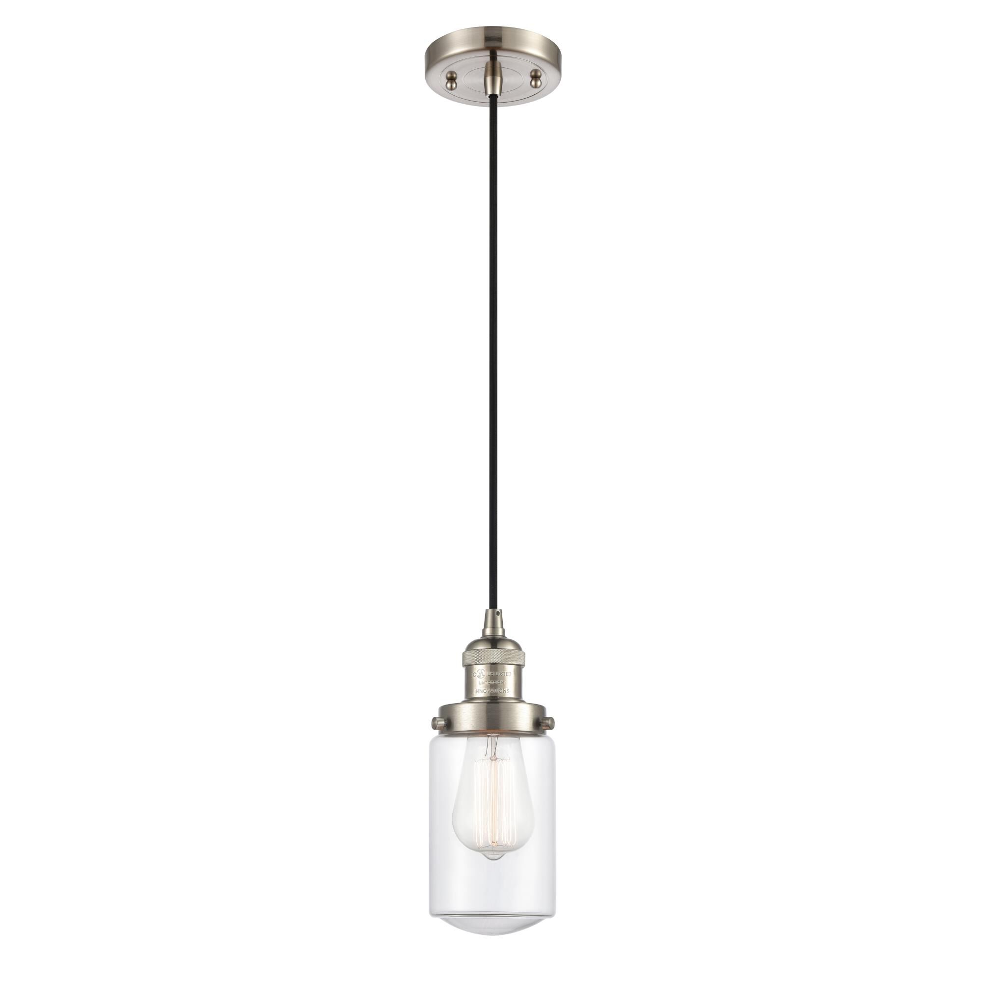 Shown in Brushed Satin Nickel finish and Transparent  Clear Dover glass and Bulb Tint - Amber accent