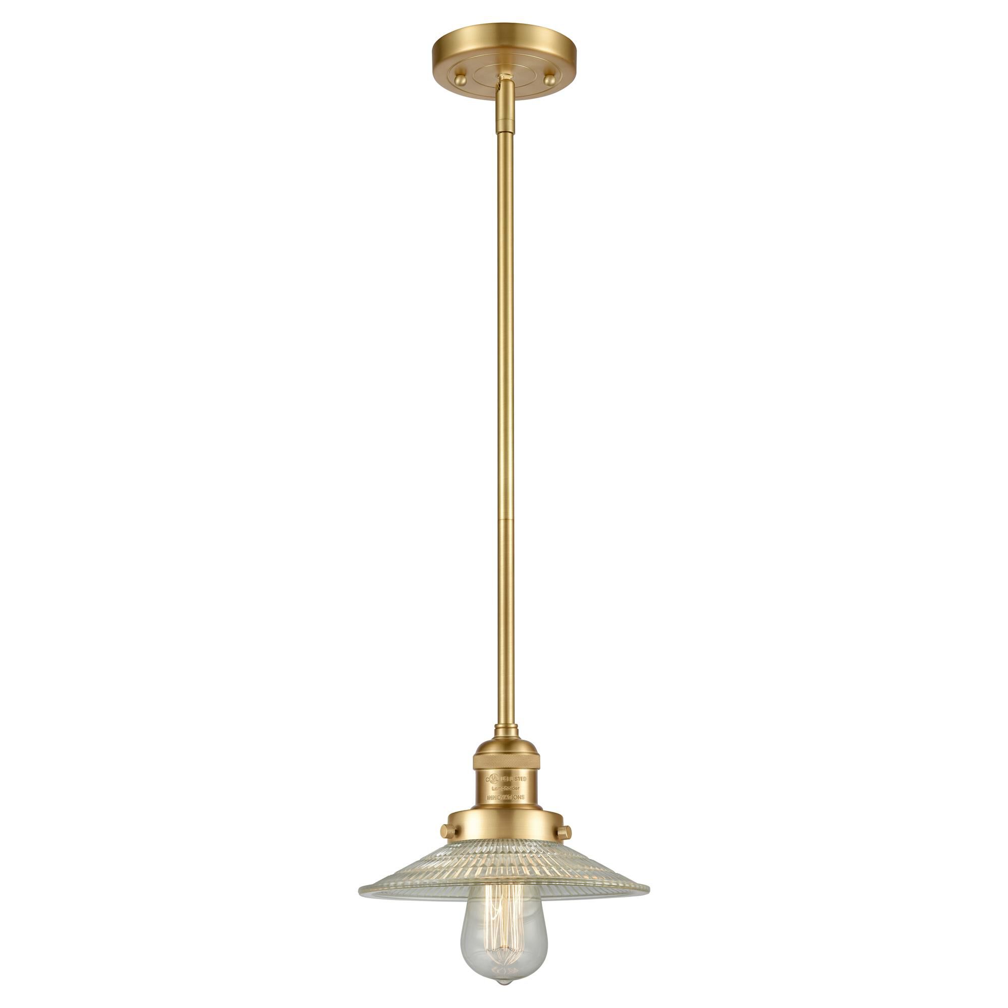 Shown in Satin Gold finish and Clear Halophane glass