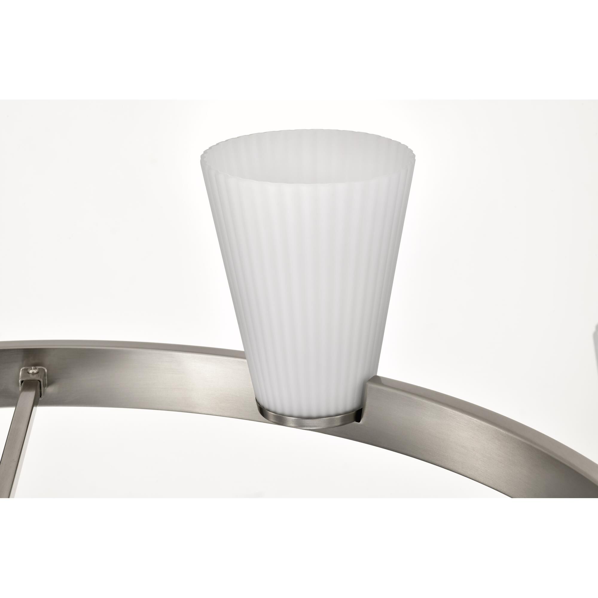 Shown in Brushed Nickel finish and Ribbed White glass