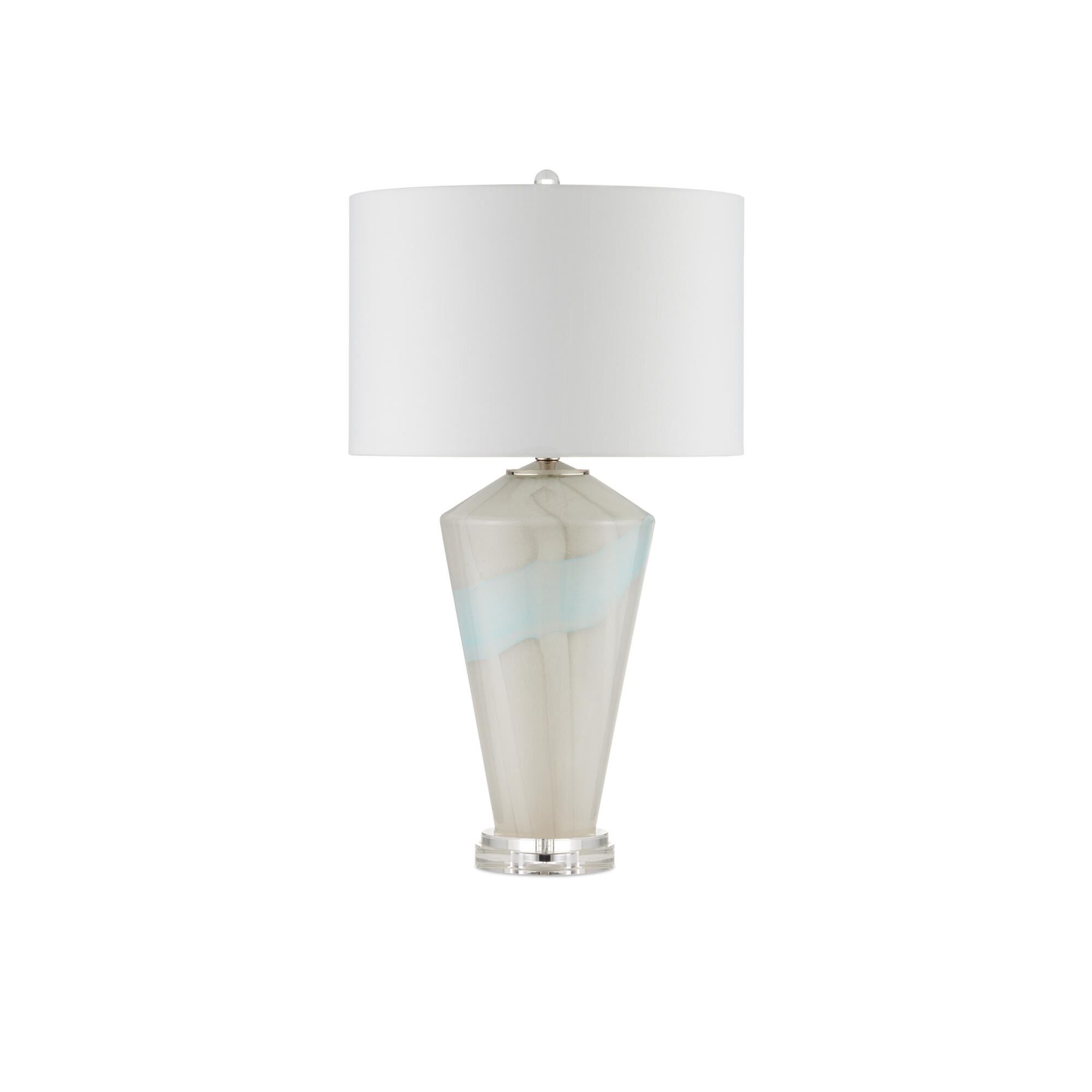 Shown in Pale Gray/Light Blue/Clear/Polished Nickel finish and Off-White Shantung shade