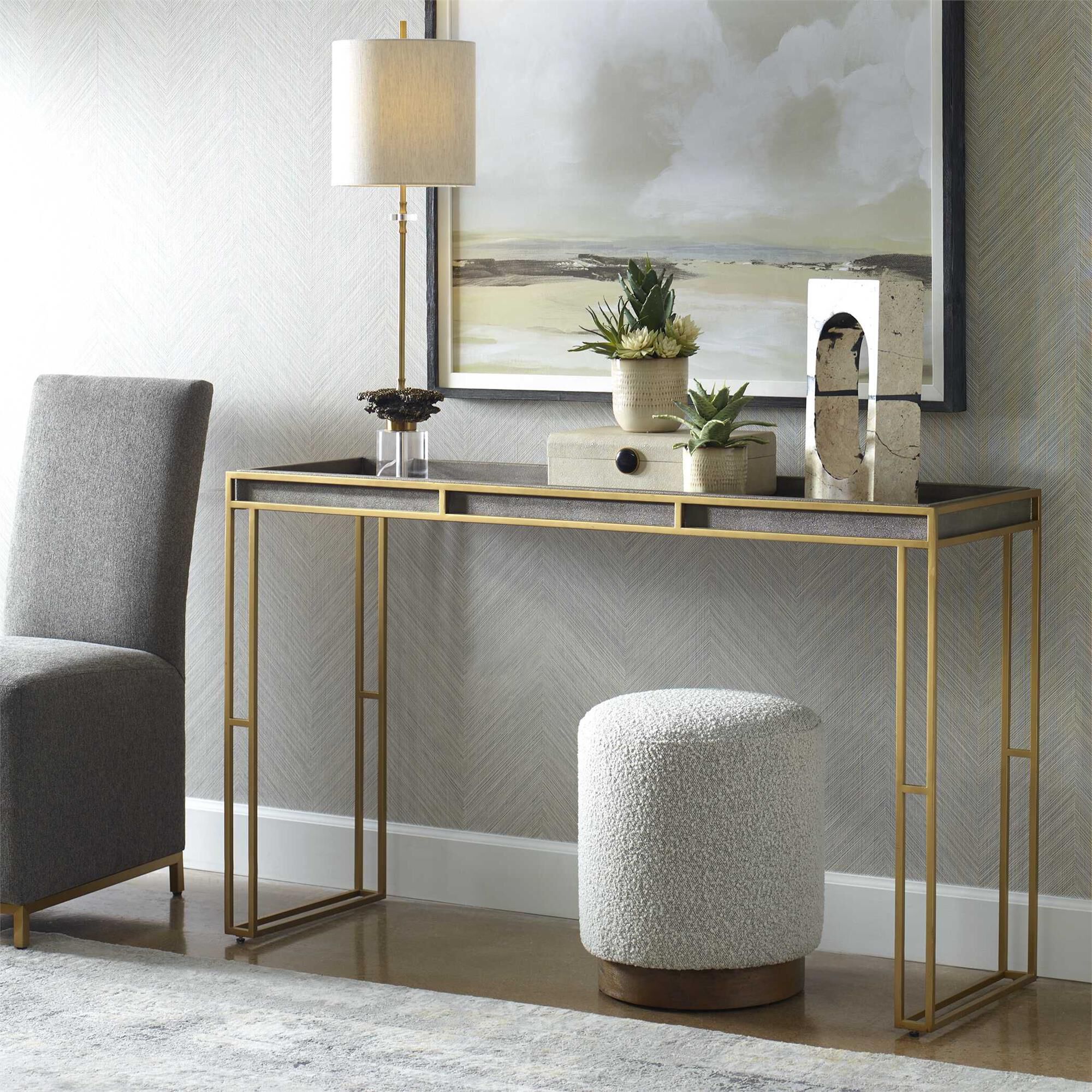 Shown in Exhibiting A Modern Minimalist Design, This Tray Style Console Table Features A Rich, Charcoal Gray  finish