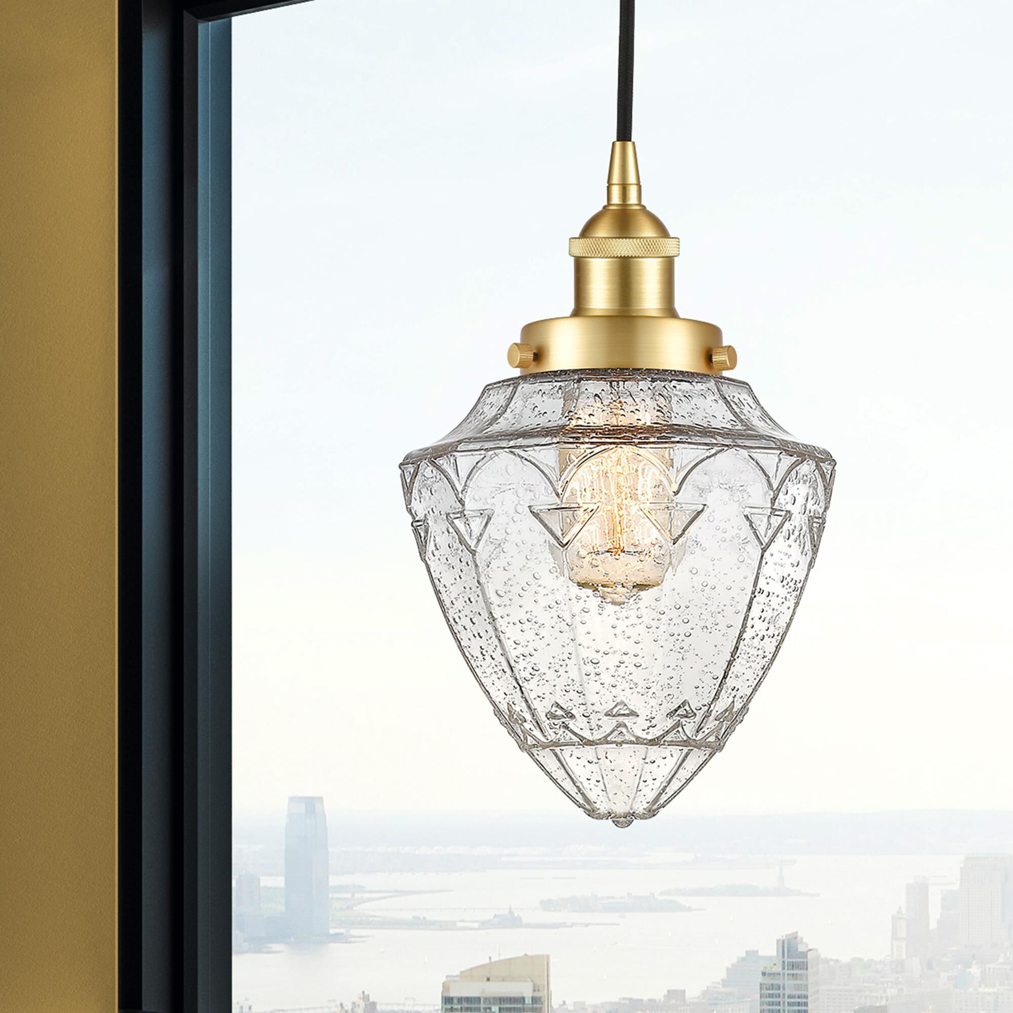 Shown in Satin Gold finish and Seedy Small Bullet glass