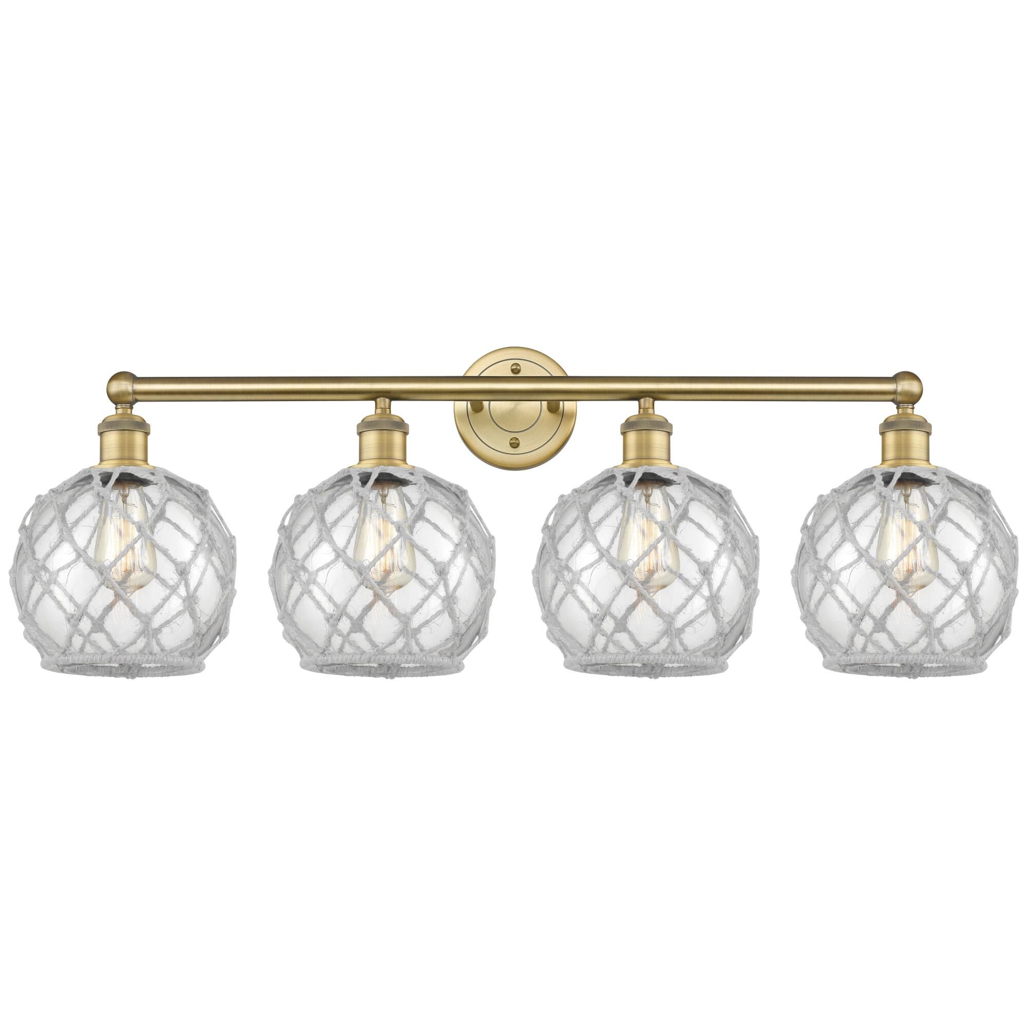 Shown in Brushed Brass finish and Clear with White Rope glass