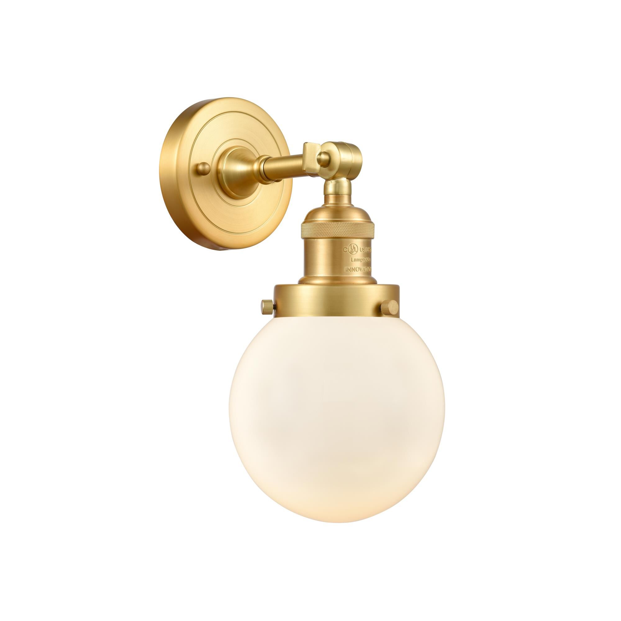 Shown in Satin Gold finish and Matte White Cased Beacon glass