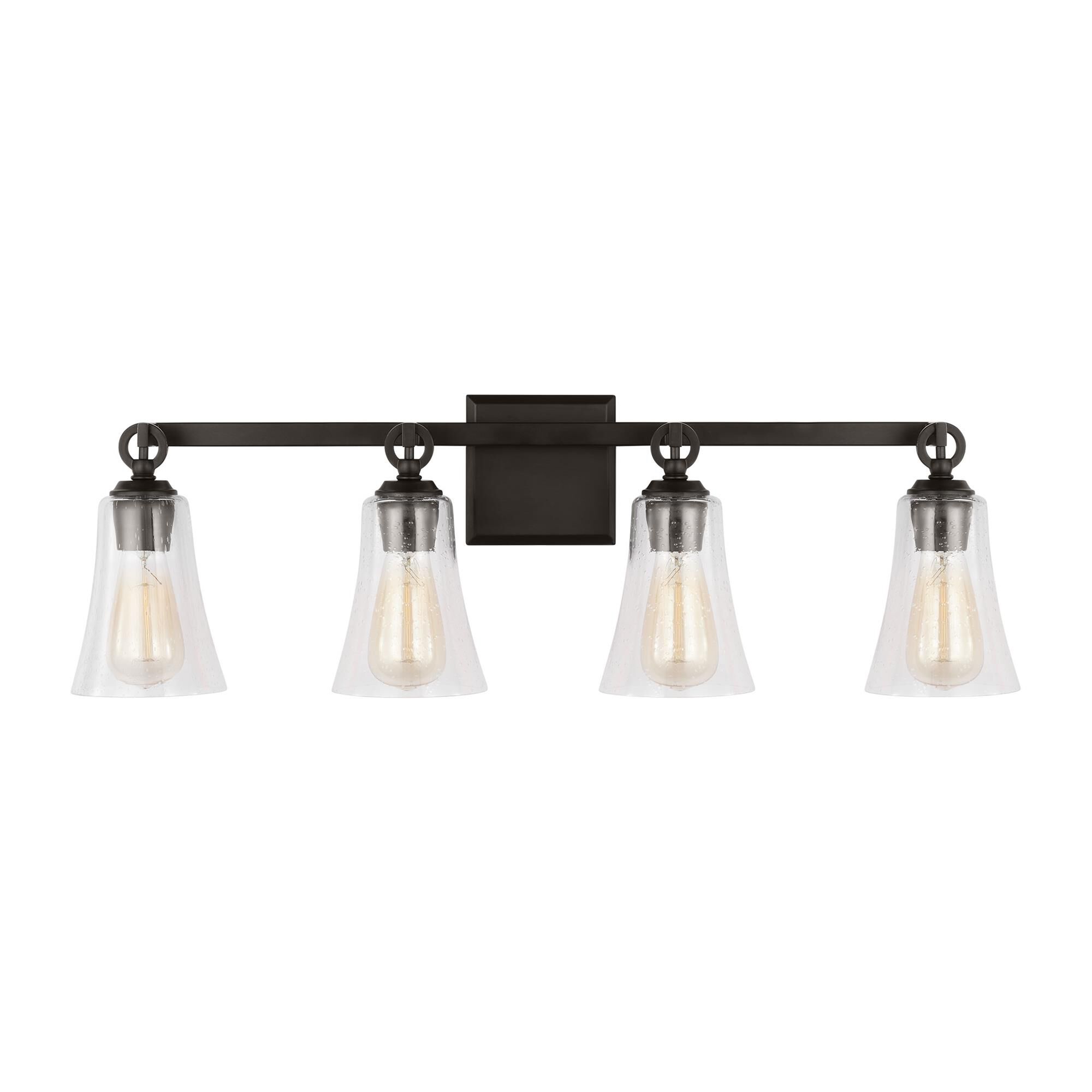 Shown in Aged Iron finish and Clear Seeded glass