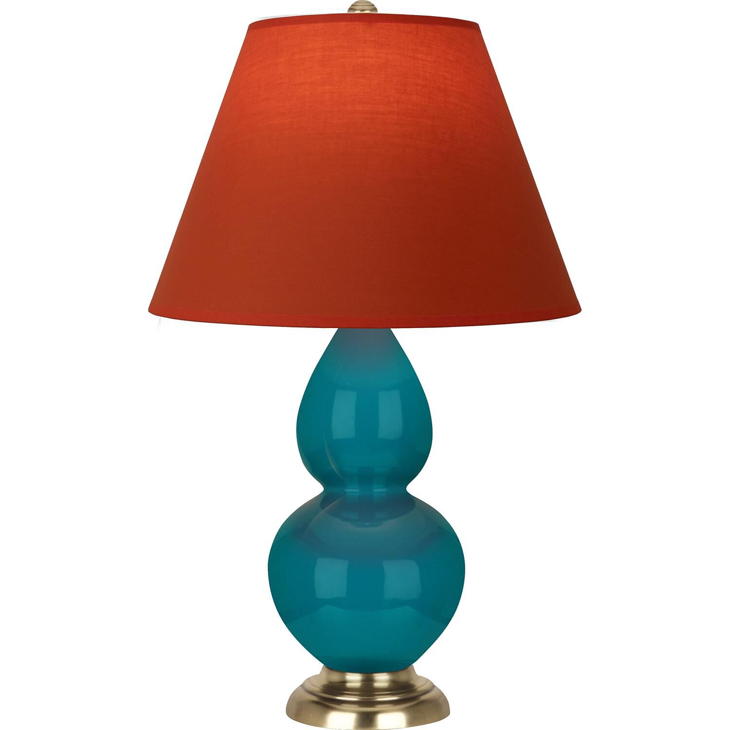 Shown in Peacock finish and Tangerine and Taupe Lining shade and Antique Natural Brass accent