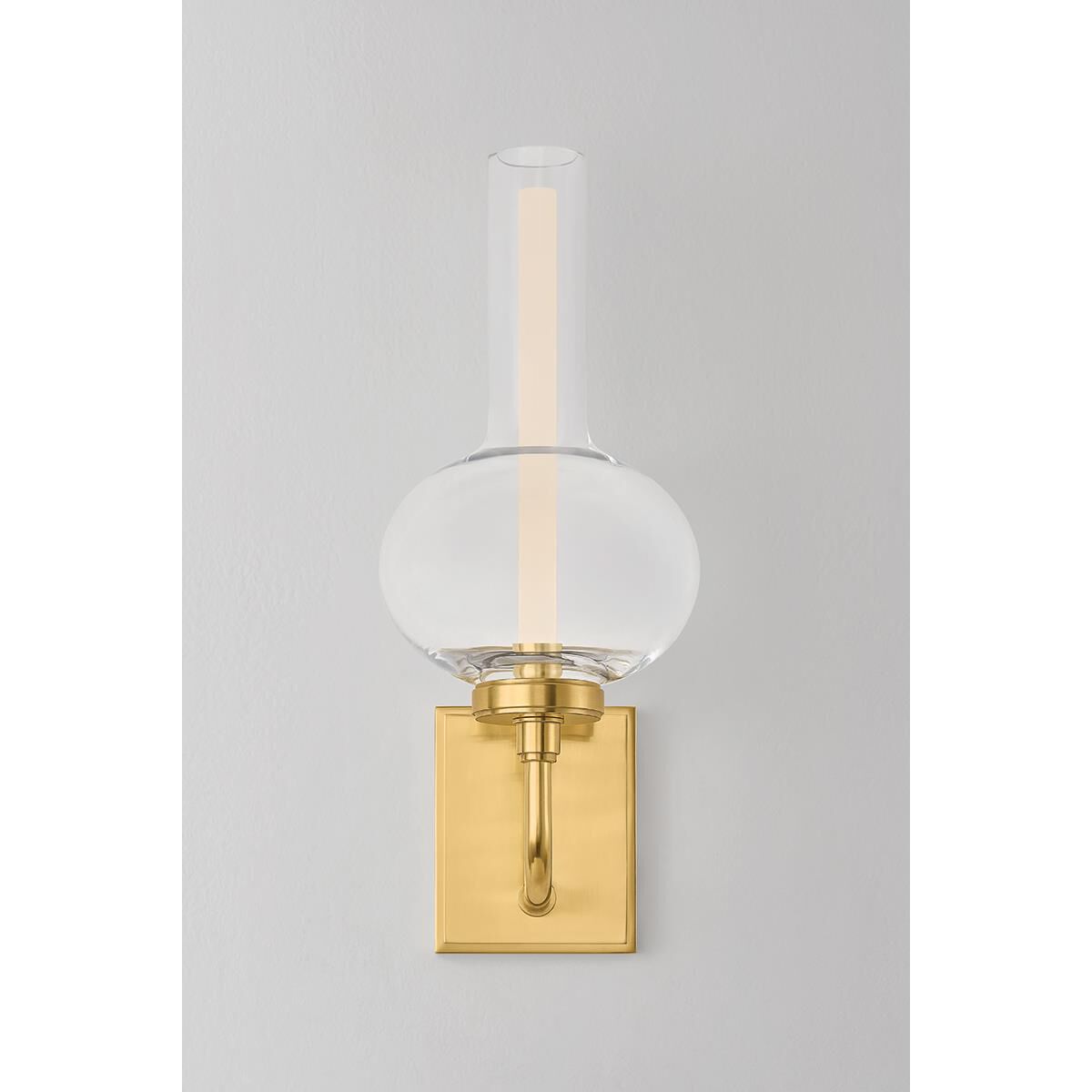 Shown in Aged Brass finish and Clear glass