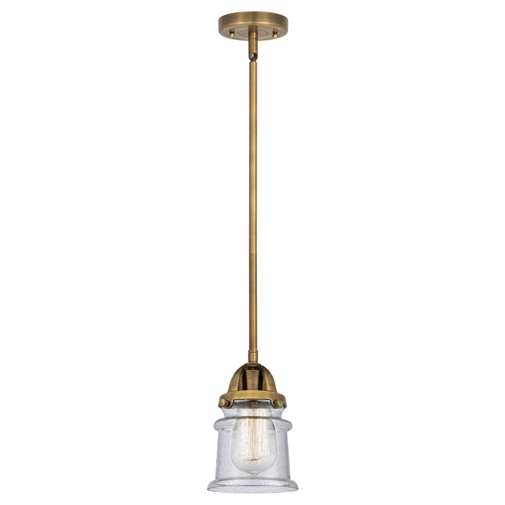 Shown in Brushed Brass finish and Seedy Canton glass and No Shade shade