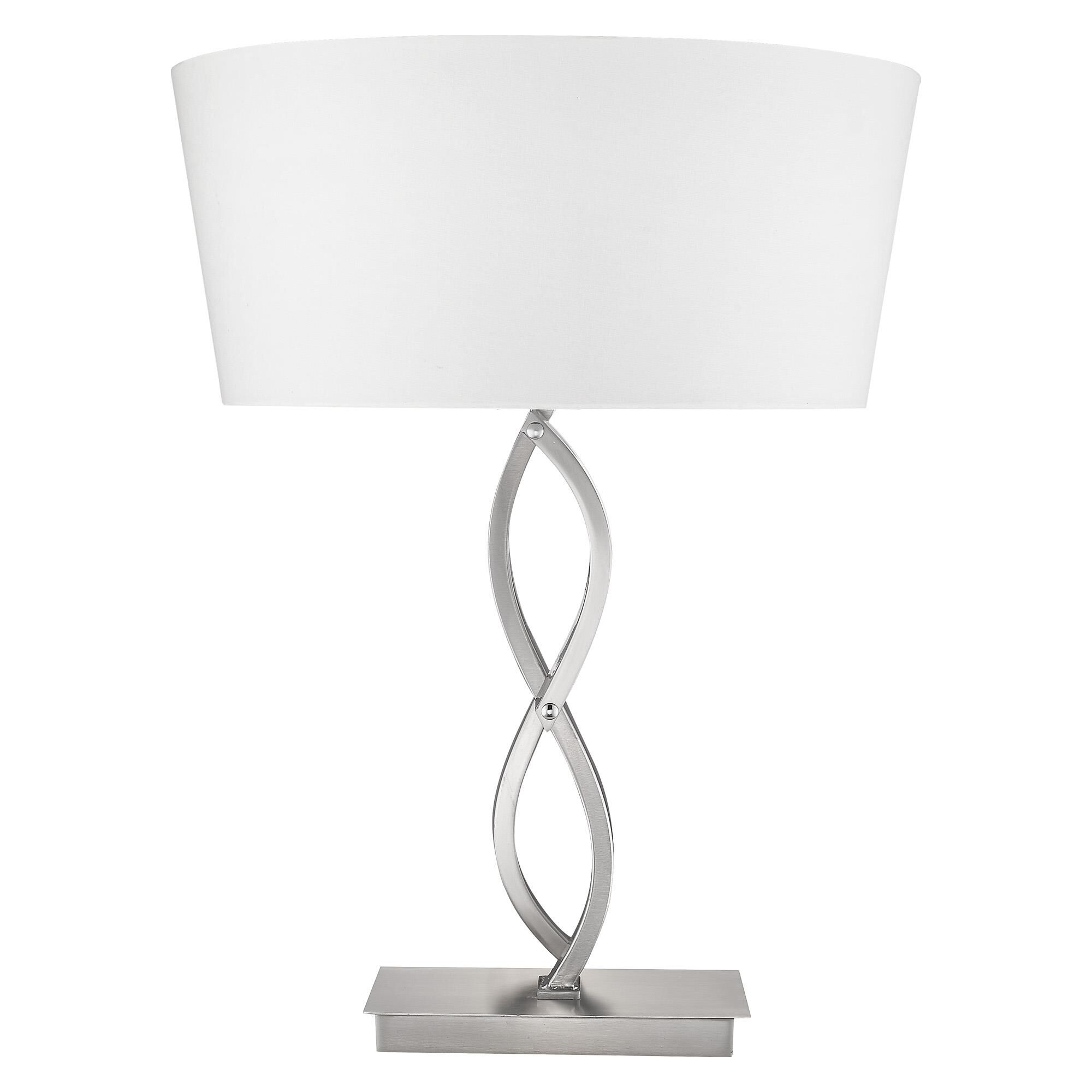Shown in Satin Nickel finish and White glass and White Hardback Linen Tapered Drum shade