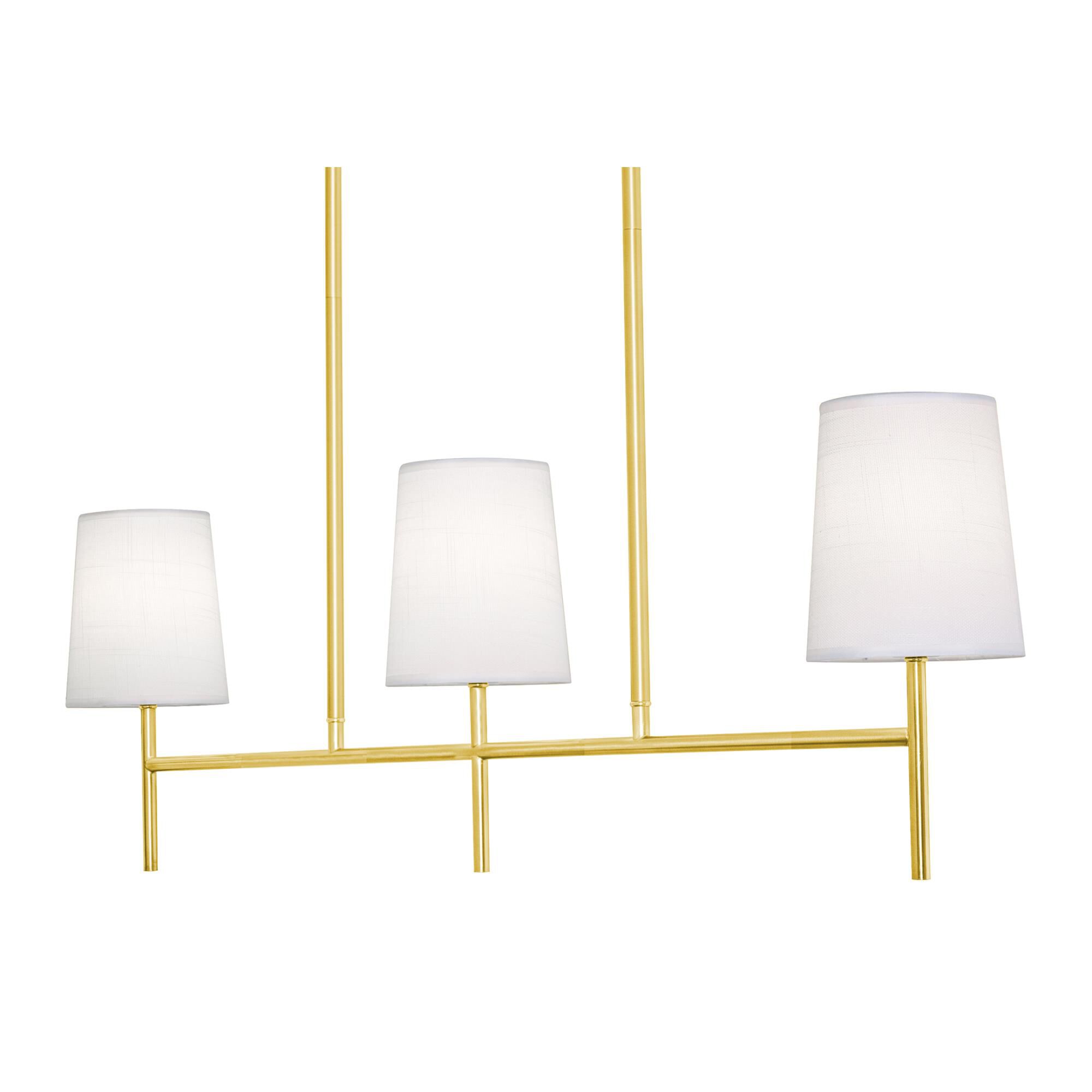 Shown in Satin Brass finish and White Linen shade