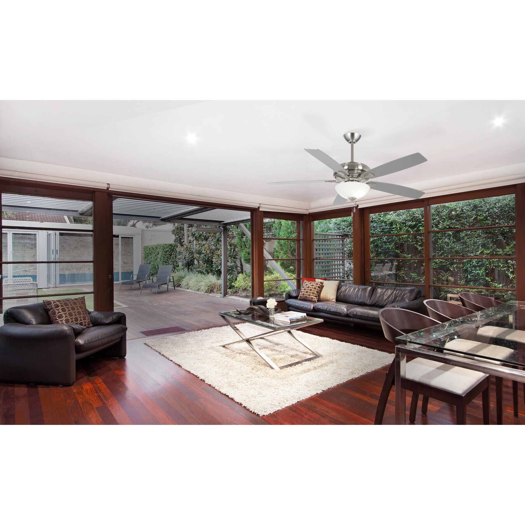 Shown in Brushed Nickel finish and White Frosted glass and Fabric shade