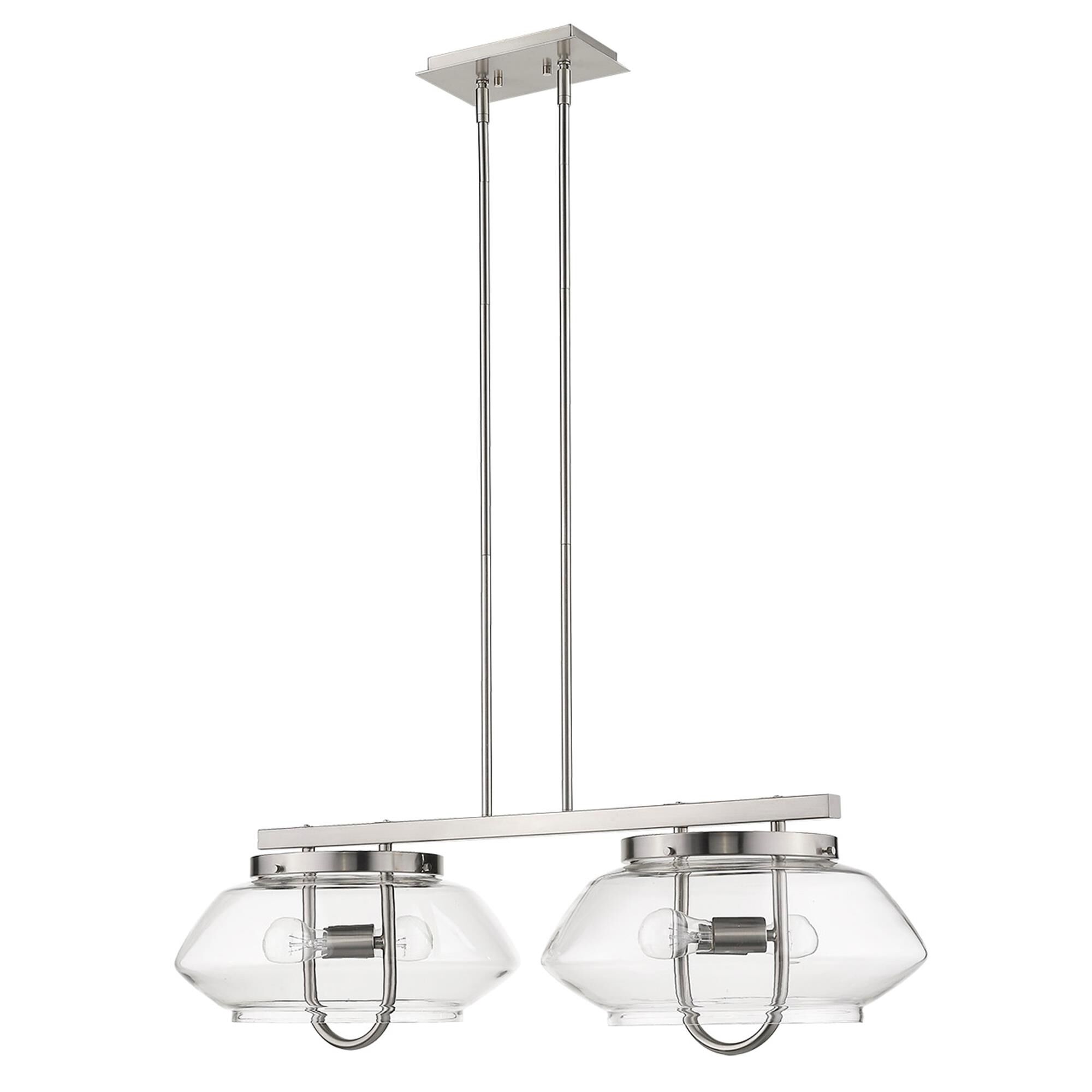 Shown in Satin Nickel finish and Clear glass and Clear Glass Drum shade