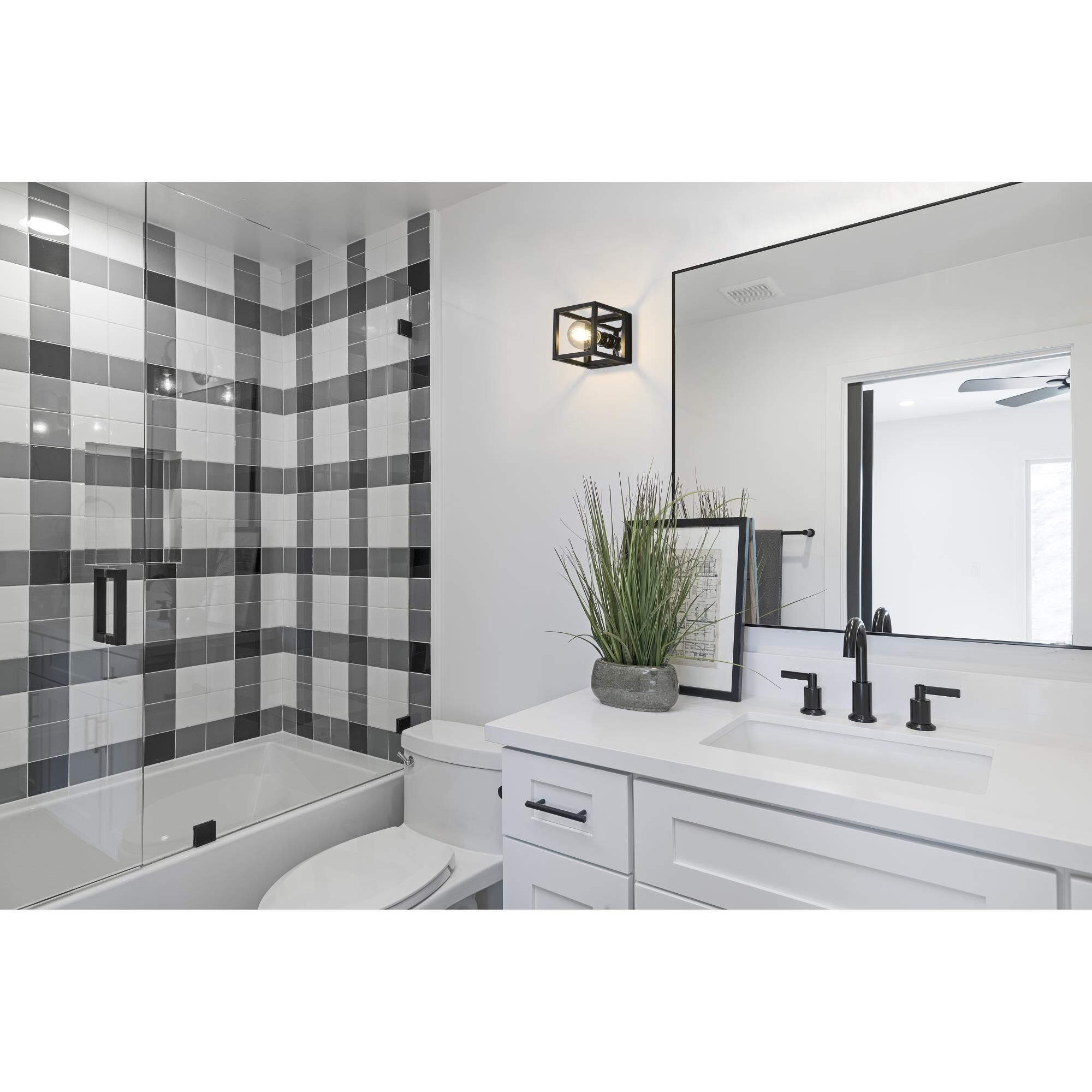 Shown in Matte Black + Chrome finish and --- glass and --- shade