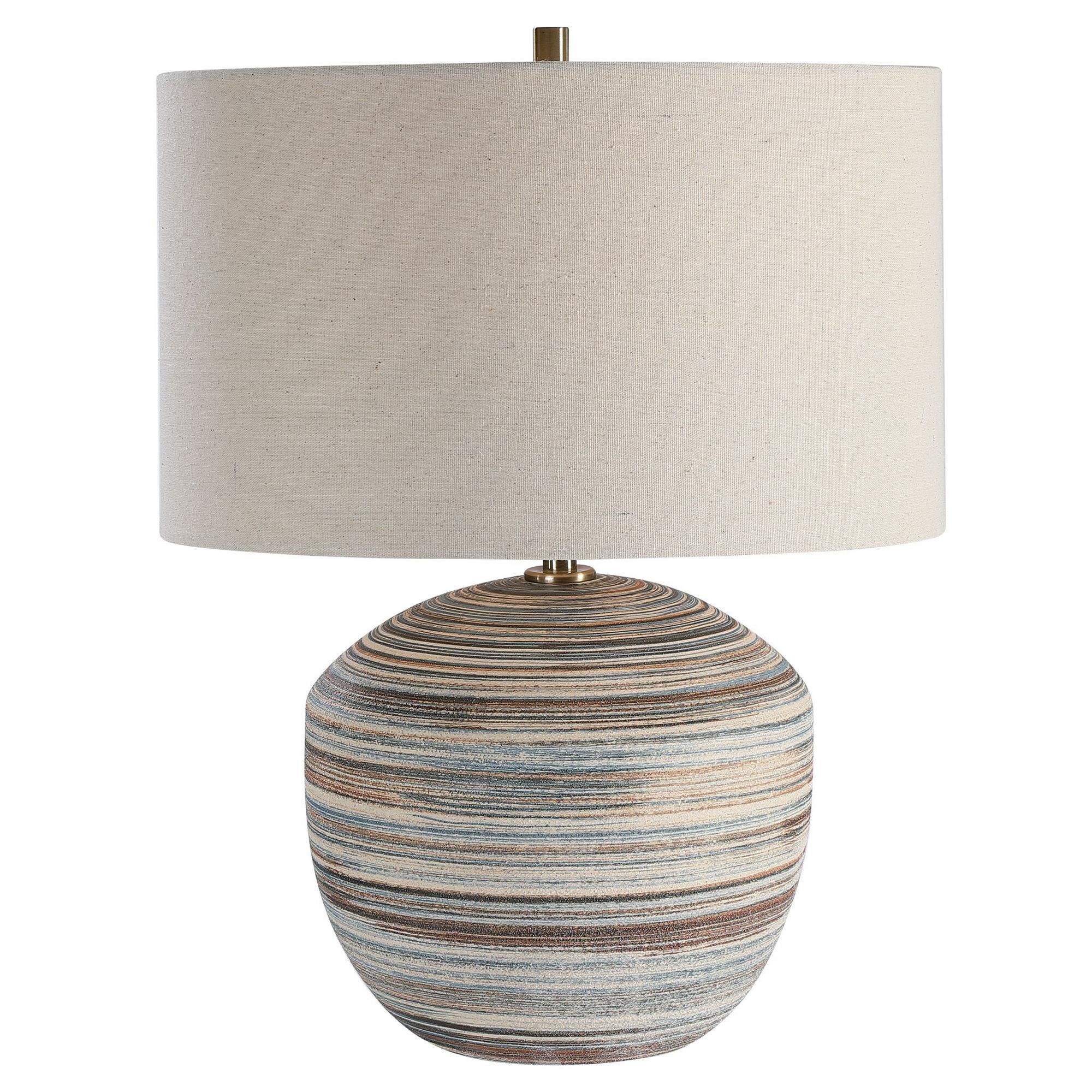 Shown in This Ceramic Accent Lamp Features A Striped Motif In Neutral Shades Of Brown, Taupe, Cream, And Blue finish and Round Drum Hardback shade