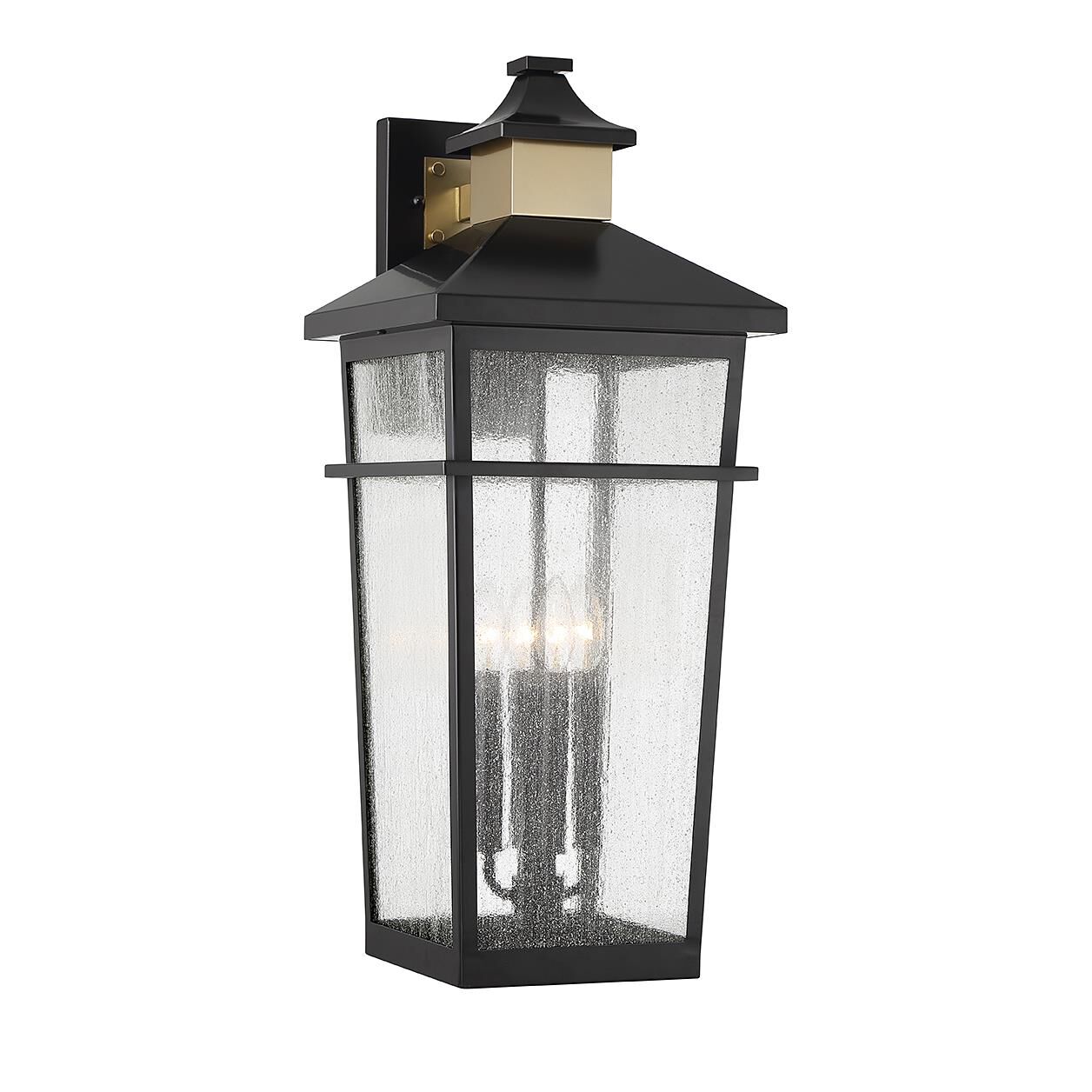 Shown in Matte Black With Warm Brass finish and Clear Seeded glass and Glass shade