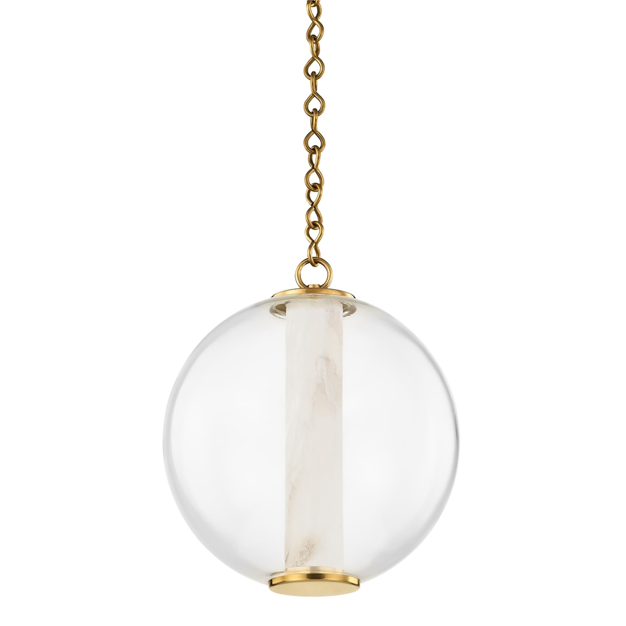 Shown in Vintage Brass finish and White glass