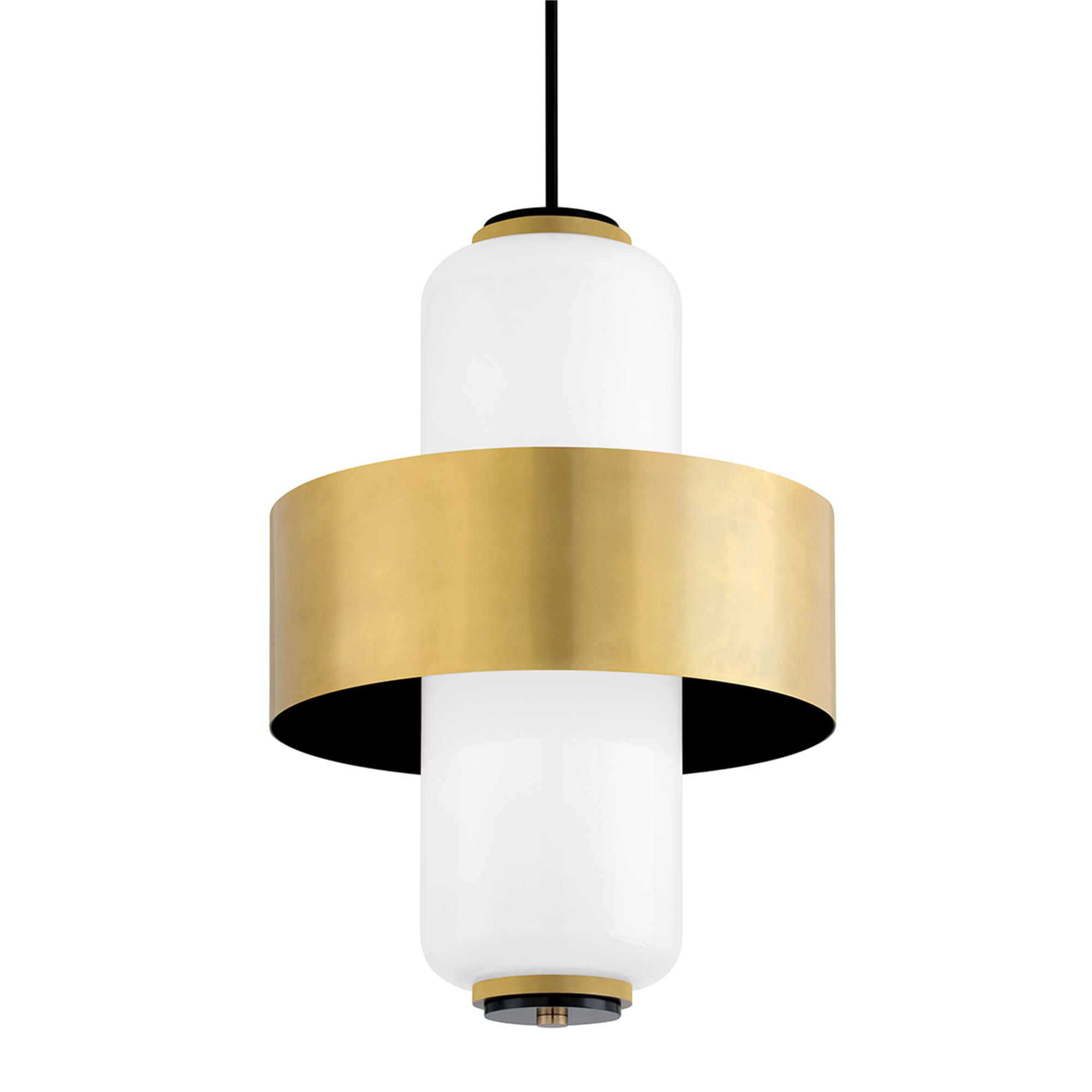 Shown in Vintage Brass finish and Opal White glass