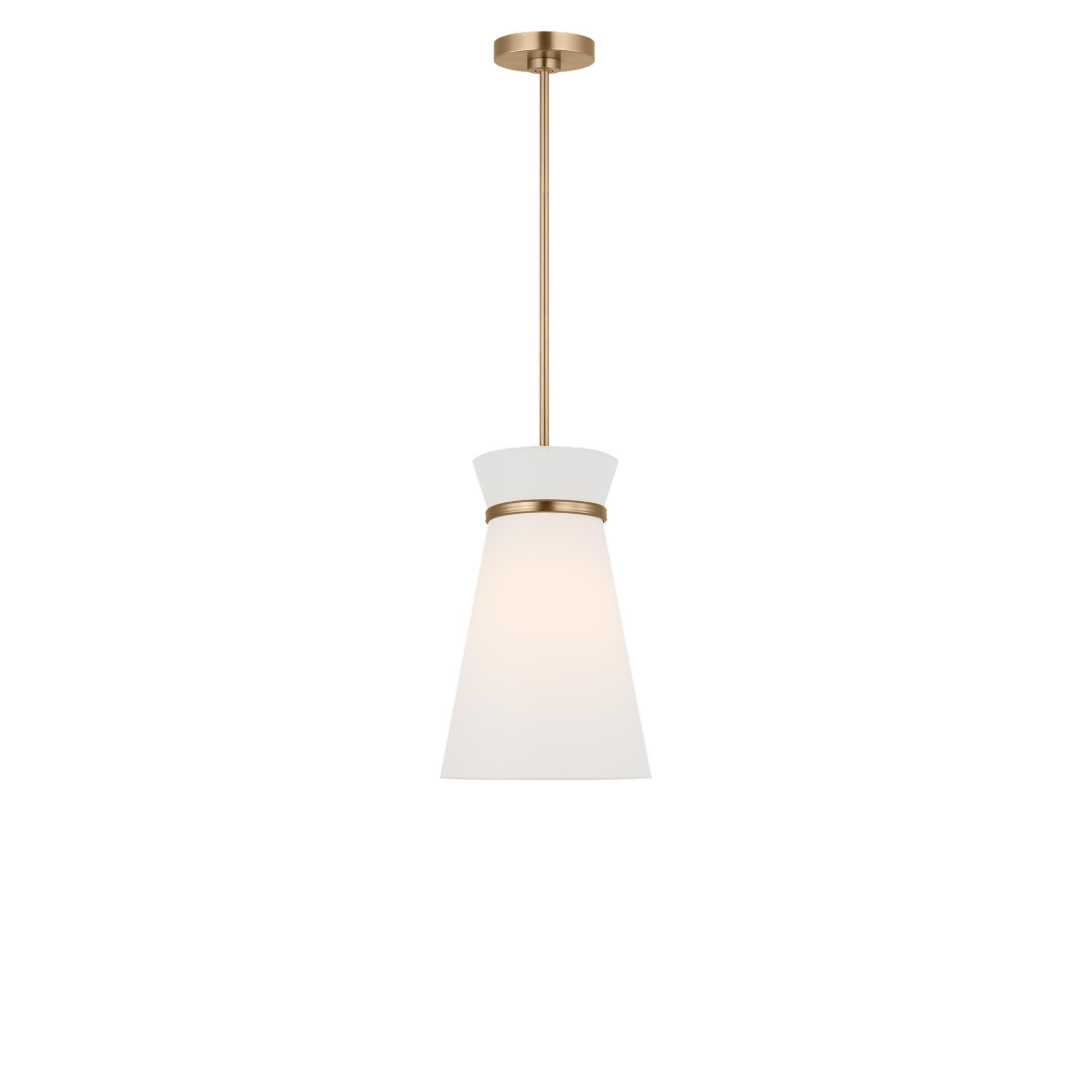 Shown in Satin Brass finish and White Linen shade