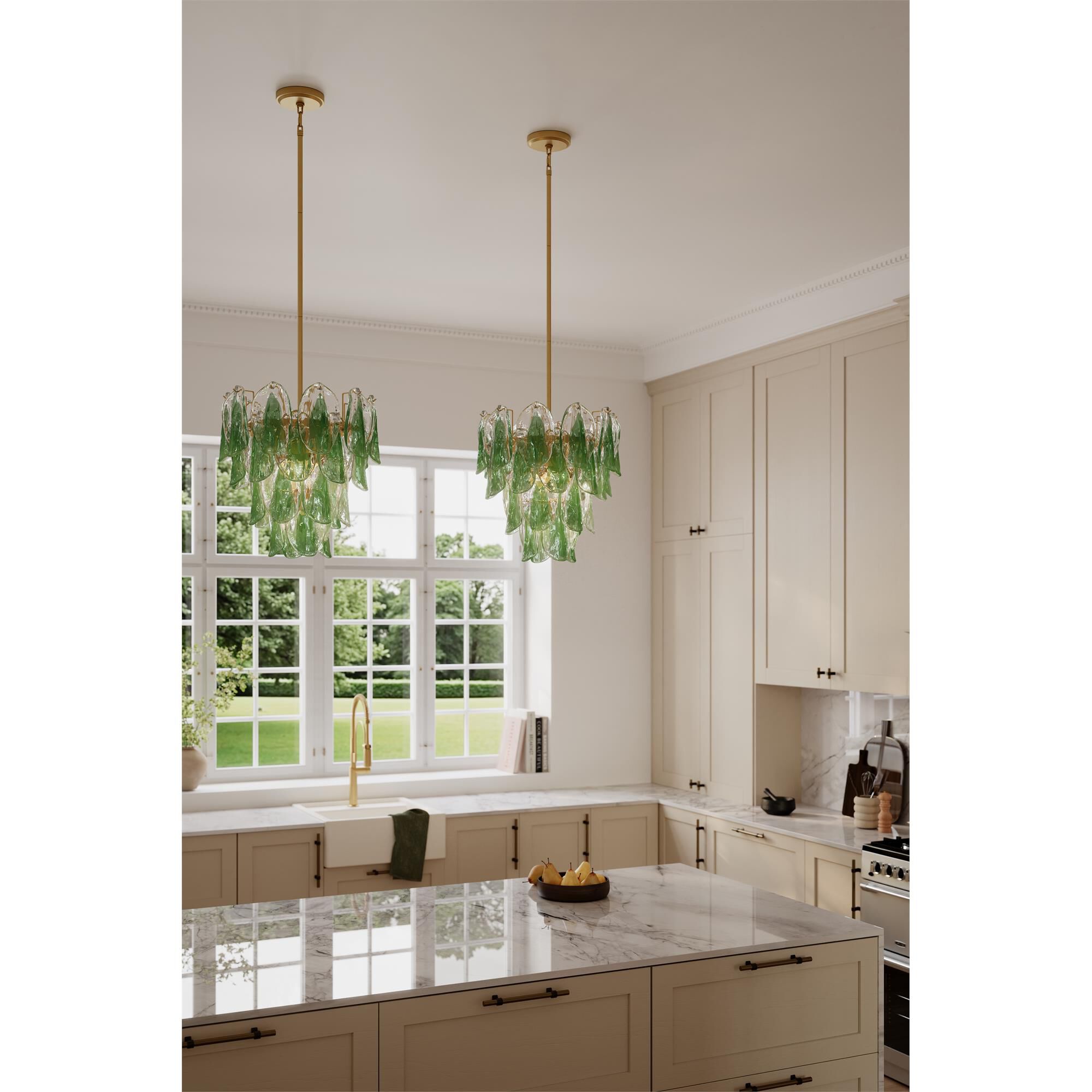 Shown in Legacy Brass finish and Green and Clear Hand-Formed glass