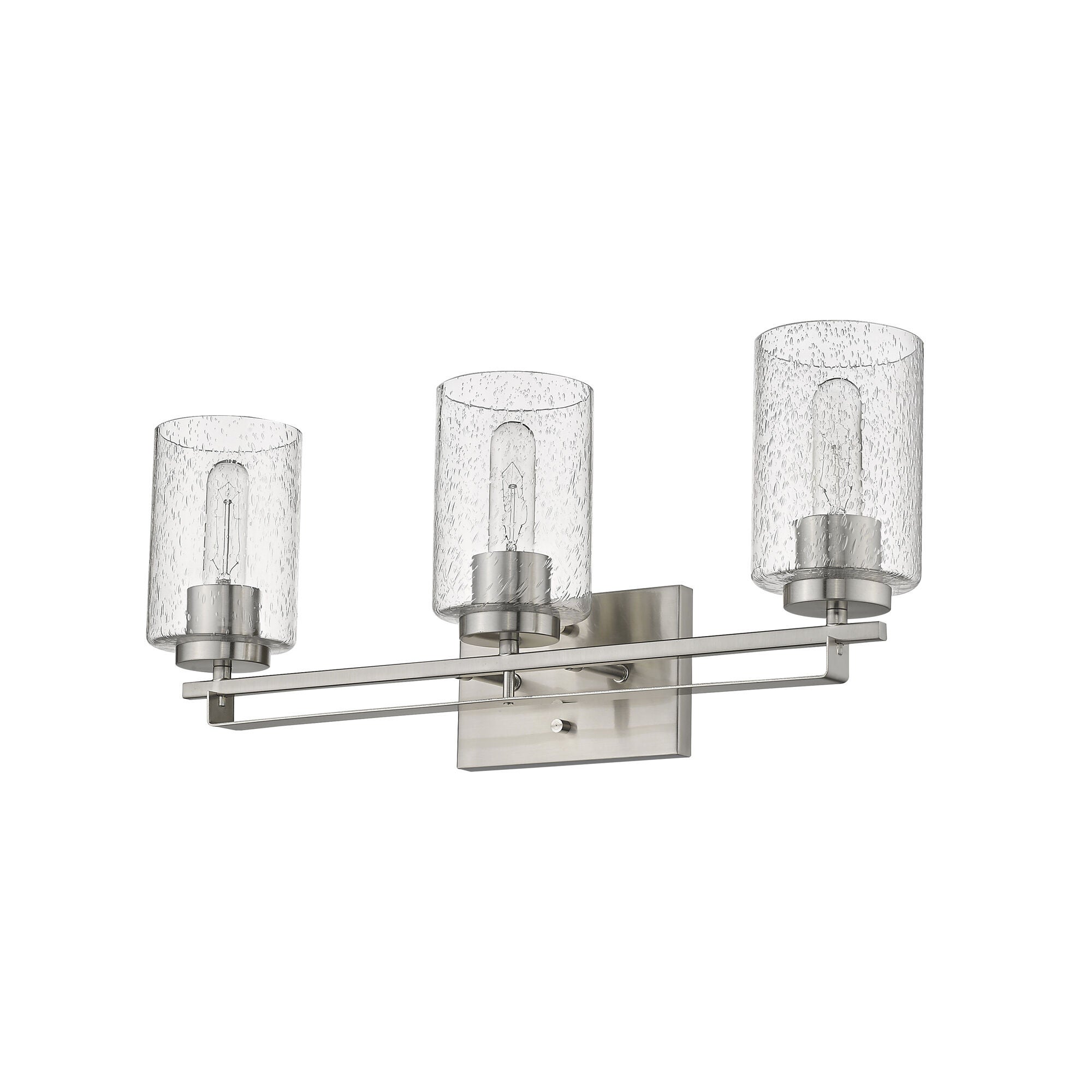 Shown in Satin Nickel finish and Clear glass and Clear, Seeded Cylindrical Glass s shade