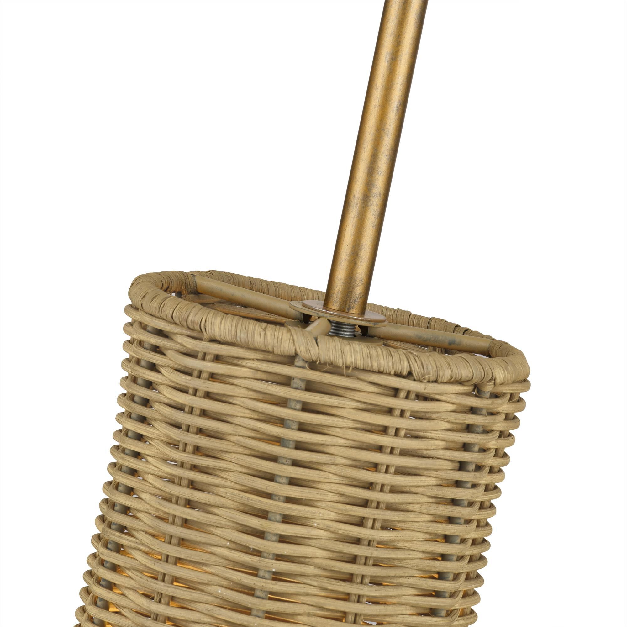 Shown in Antique Gold Leaf finish and Hand-Woven Rustic Walnut Color Rattan shade