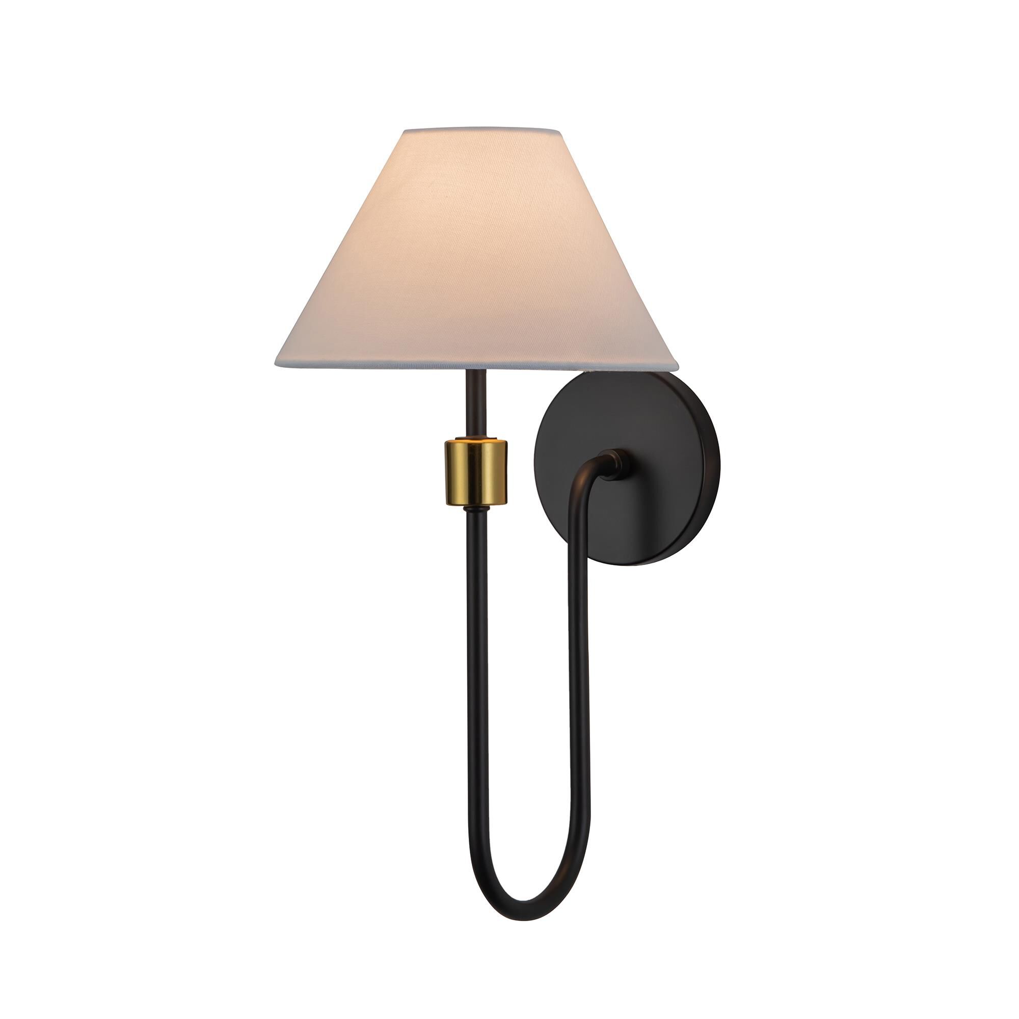 Shown in Black and Brushed Brass finish and Hardback Linen Fabric shade