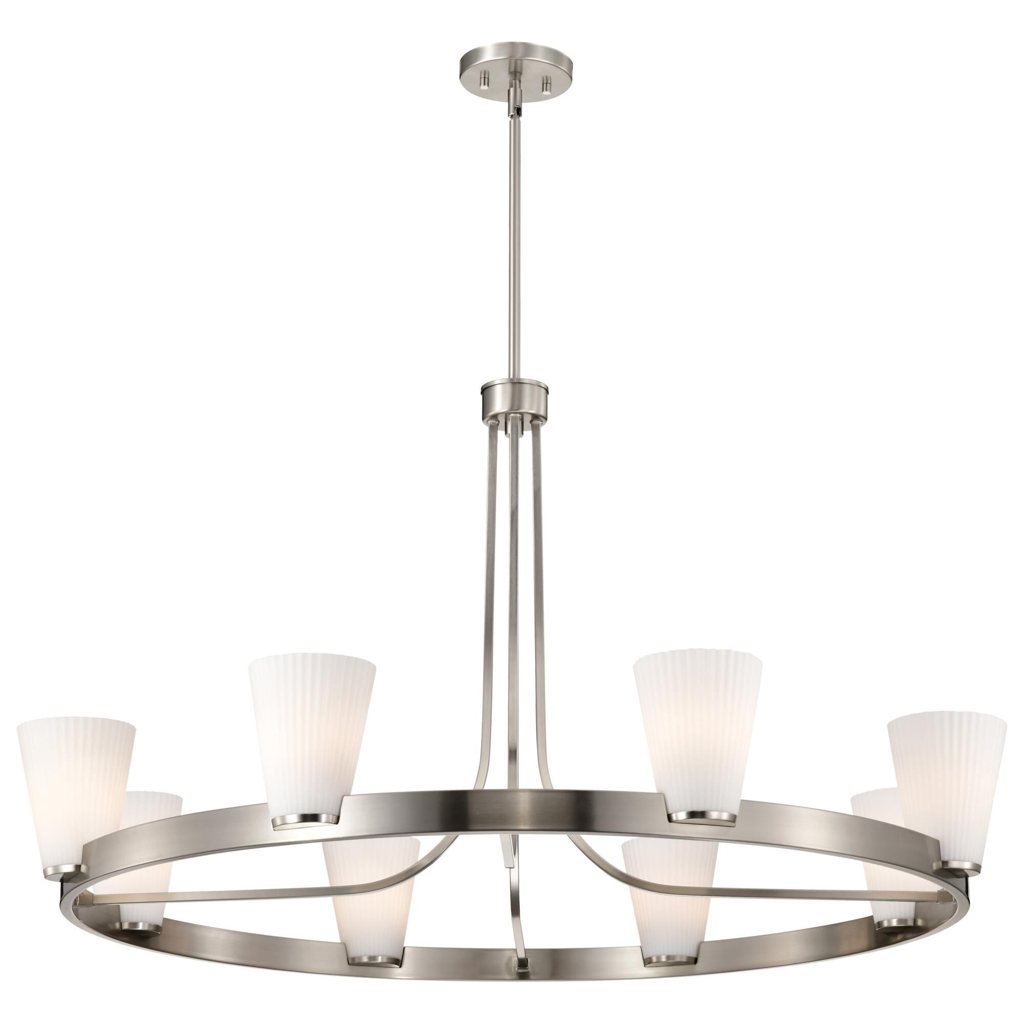 Shown in Brushed Nickel finish and Ribbed White glass