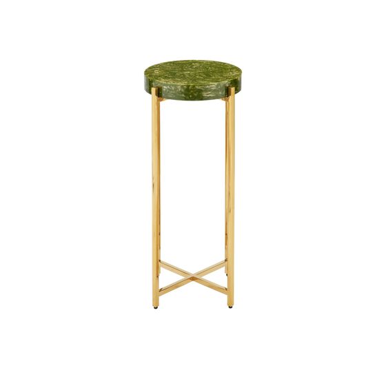 Accent table with green marble top and gold metal frame.