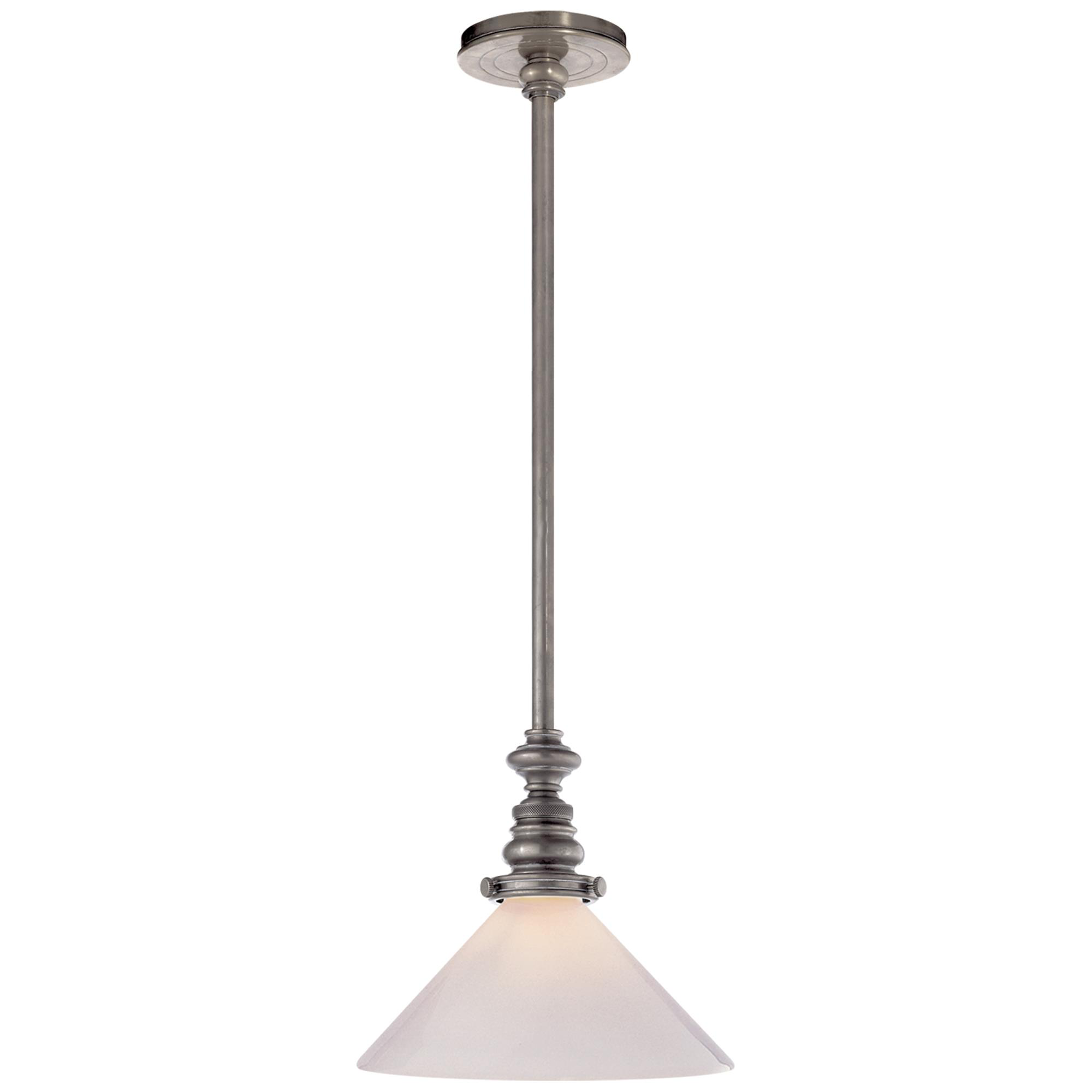 Shown in Antique Nickel finish and White Glass Slant shade