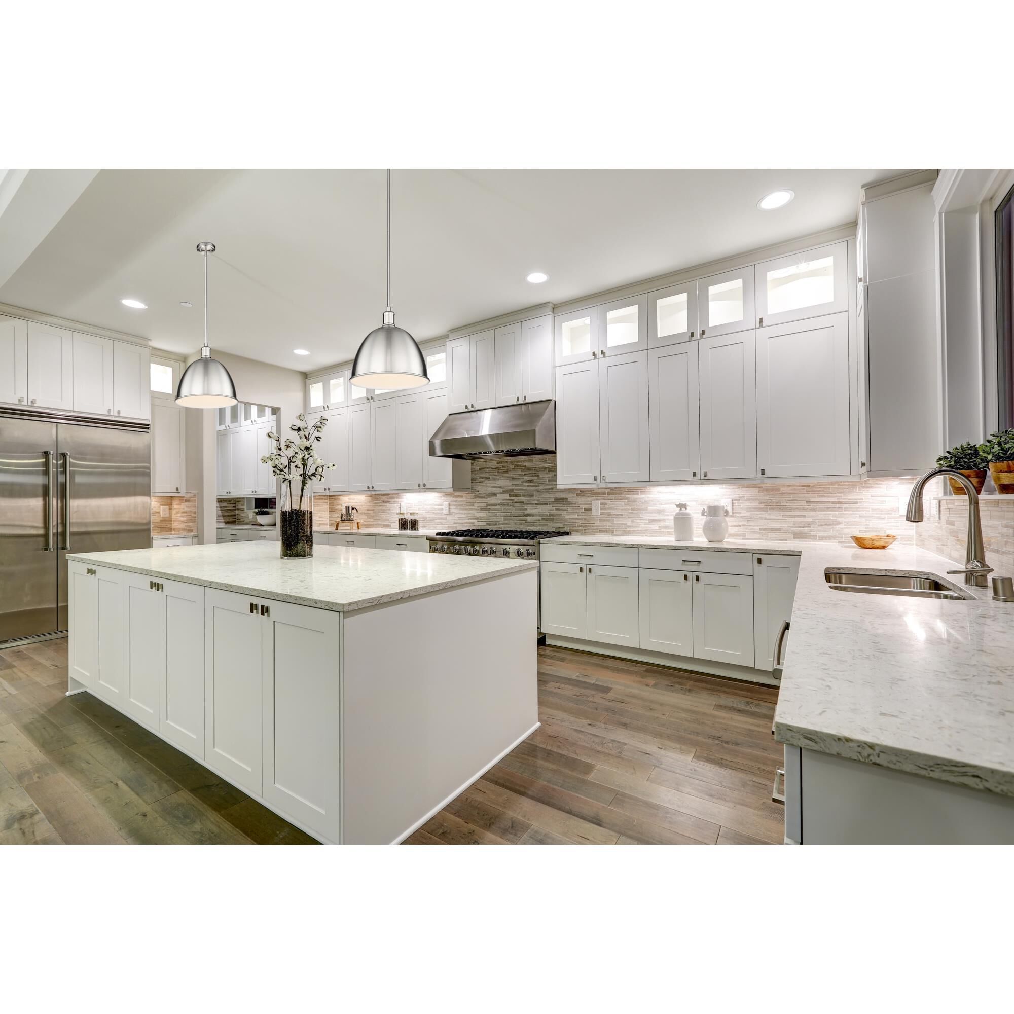 Shown in Brushed Nickel finish and Brushed Nickel glass and Brushed Nickel shade