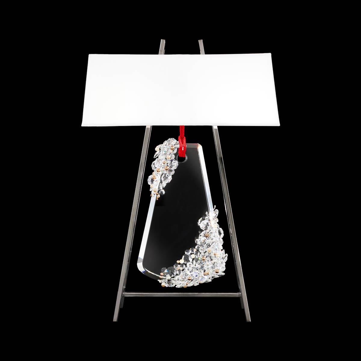 Shown in Polished Chrome With Red Rope finish and Radiance crystal and Fabric glass