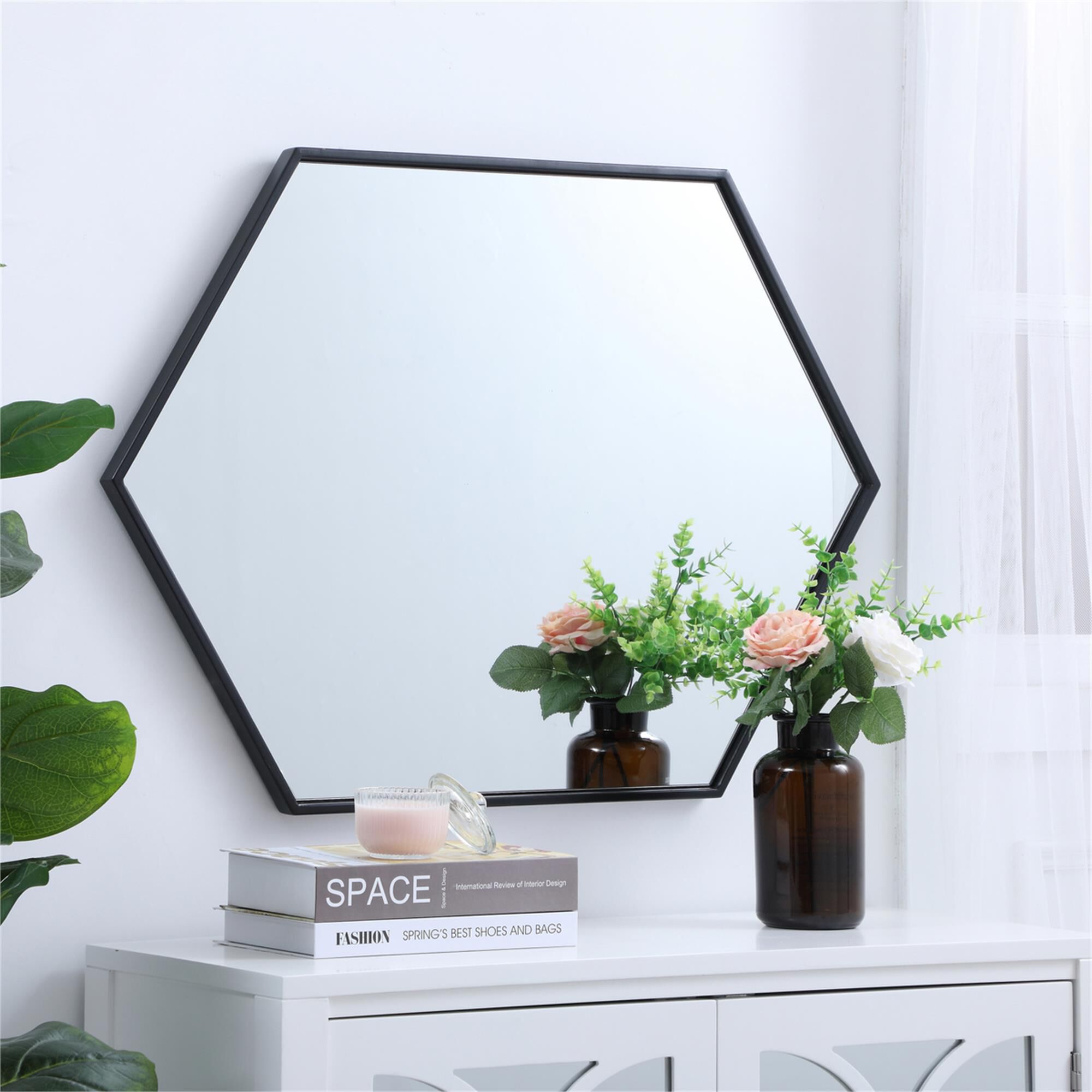 Shown in Black finish and Clear Mirror Beveled glass