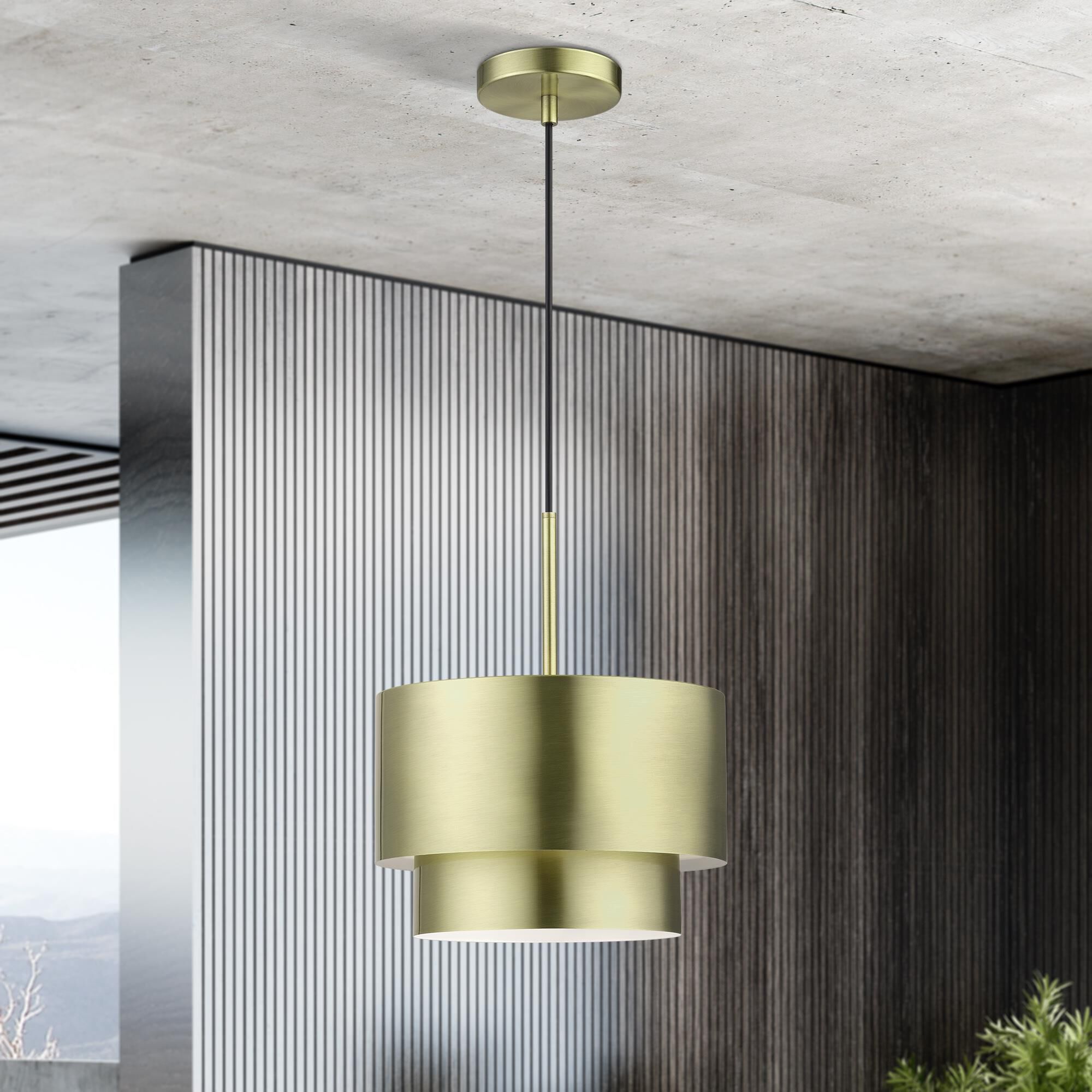 Shown in Antique Brass finish and Antique Brass Steel with Shiny White Inside shade