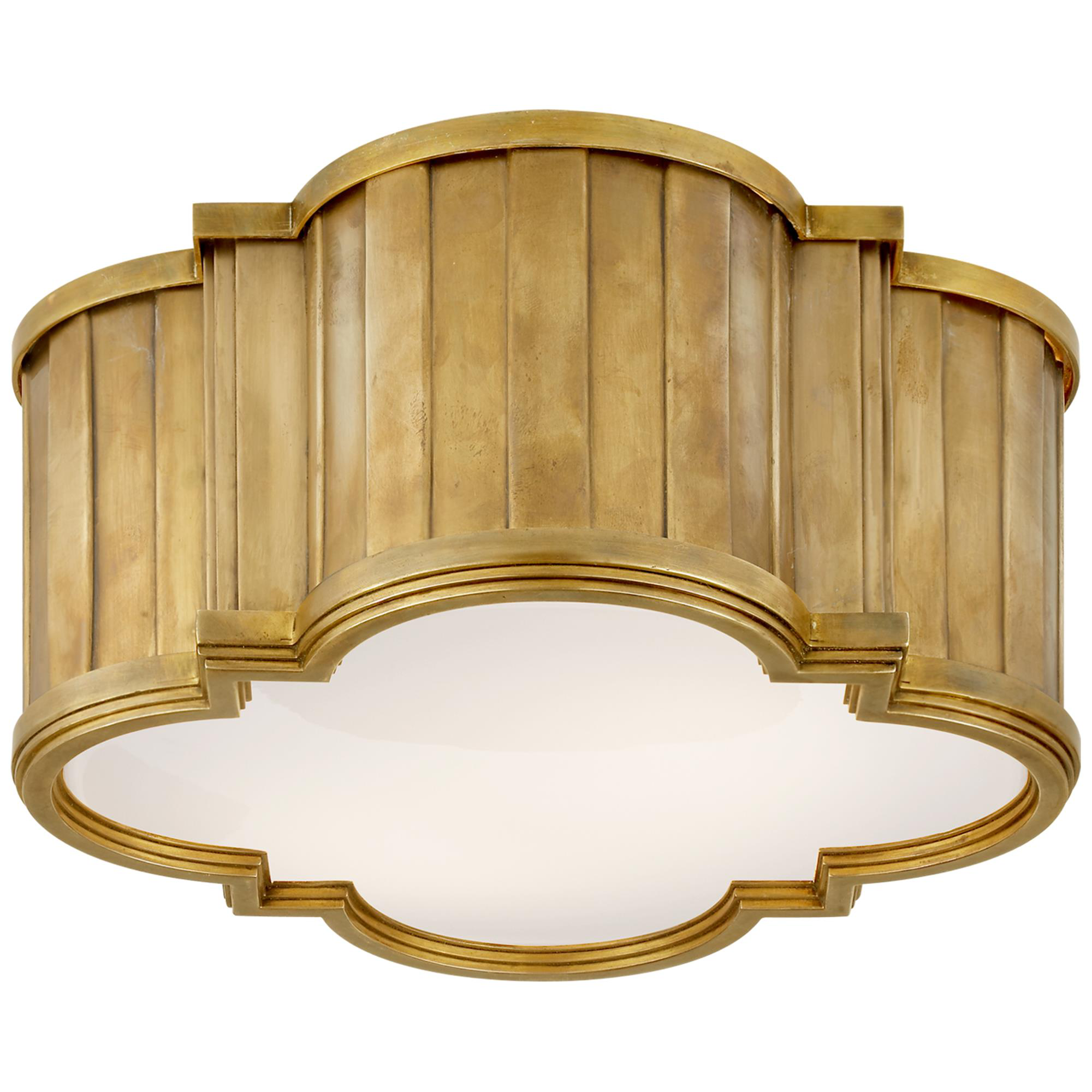 Shown in Hand-Rubbed Antique Brass finish and White glass