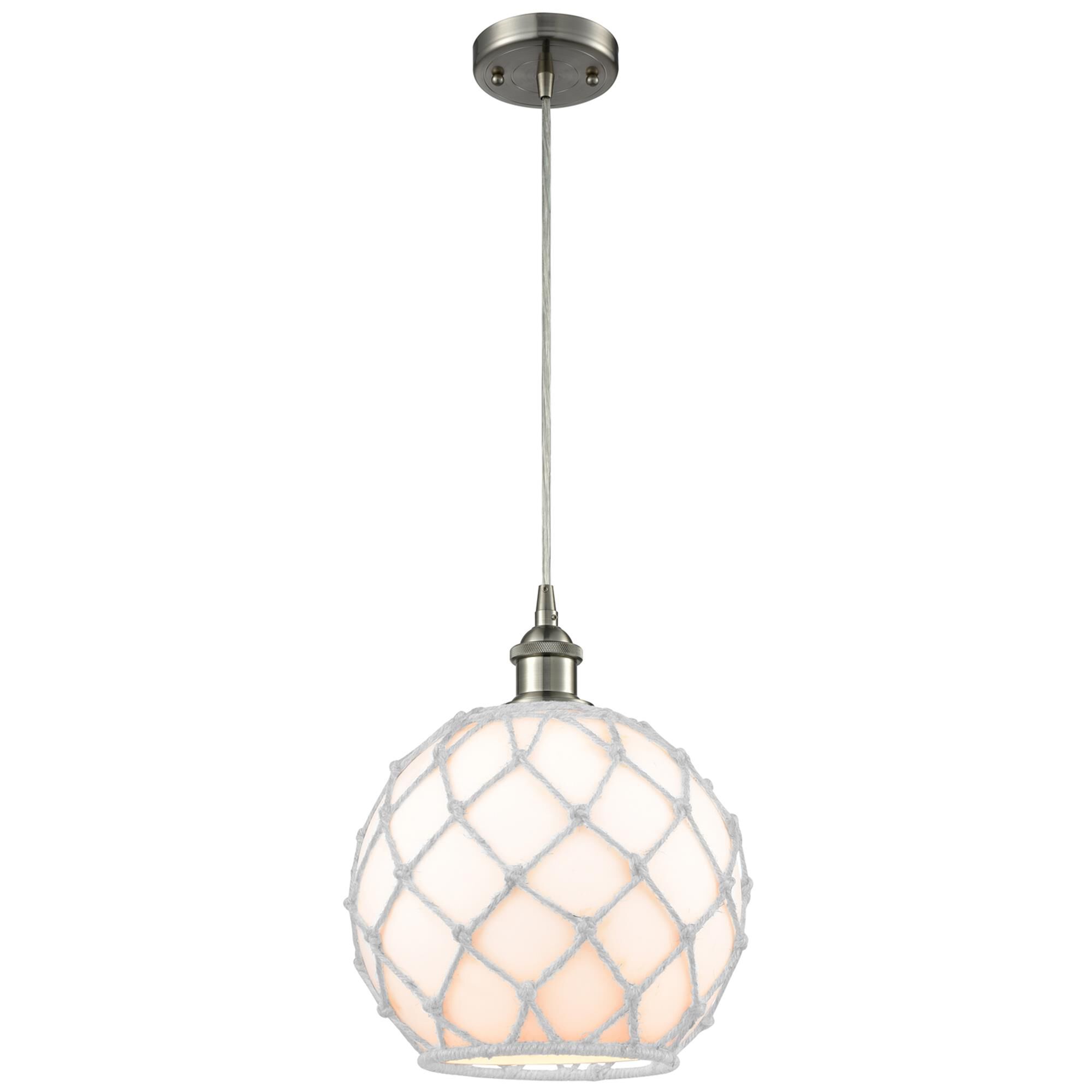 Shown in Brushed Satin Nickel finish and White With White Rope glass