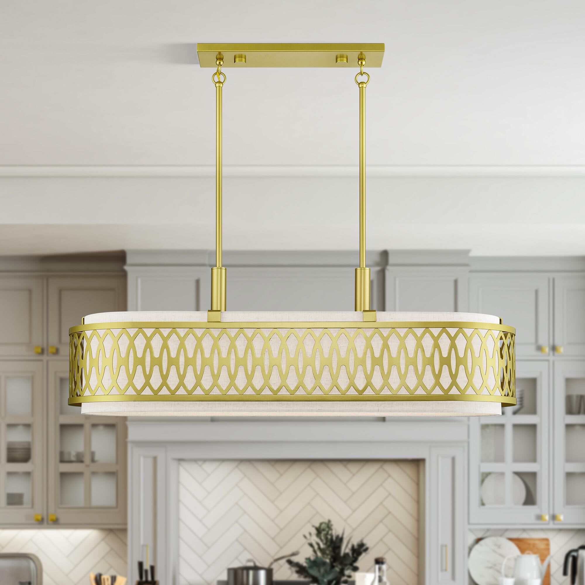 Shown in Soft Gold finish and Hand Crafted Oatmeal Color Hardback shade